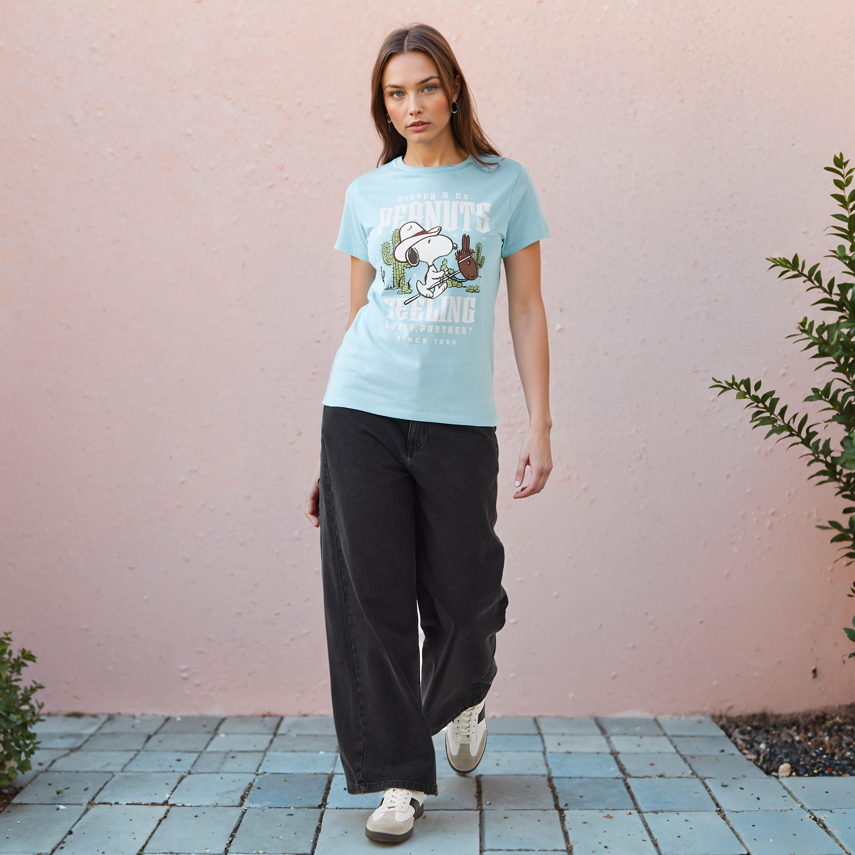 Peanuts Print Crew Neck T-shirt with Short Sleeves-women-clothing-tshirts-image-2
