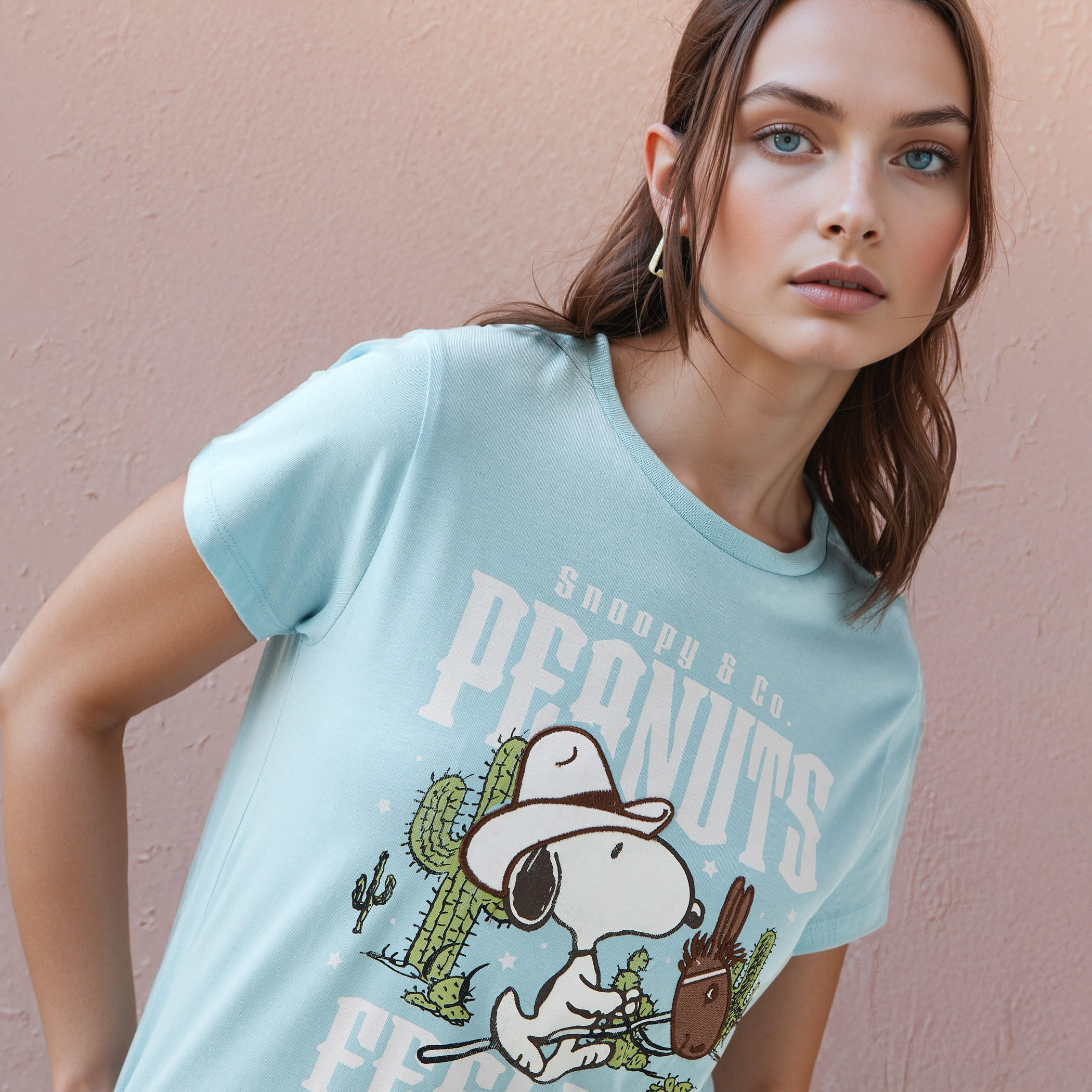 Peanuts Print Crew Neck T-shirt with Short Sleeves-women-clothing-tshirts-image-4