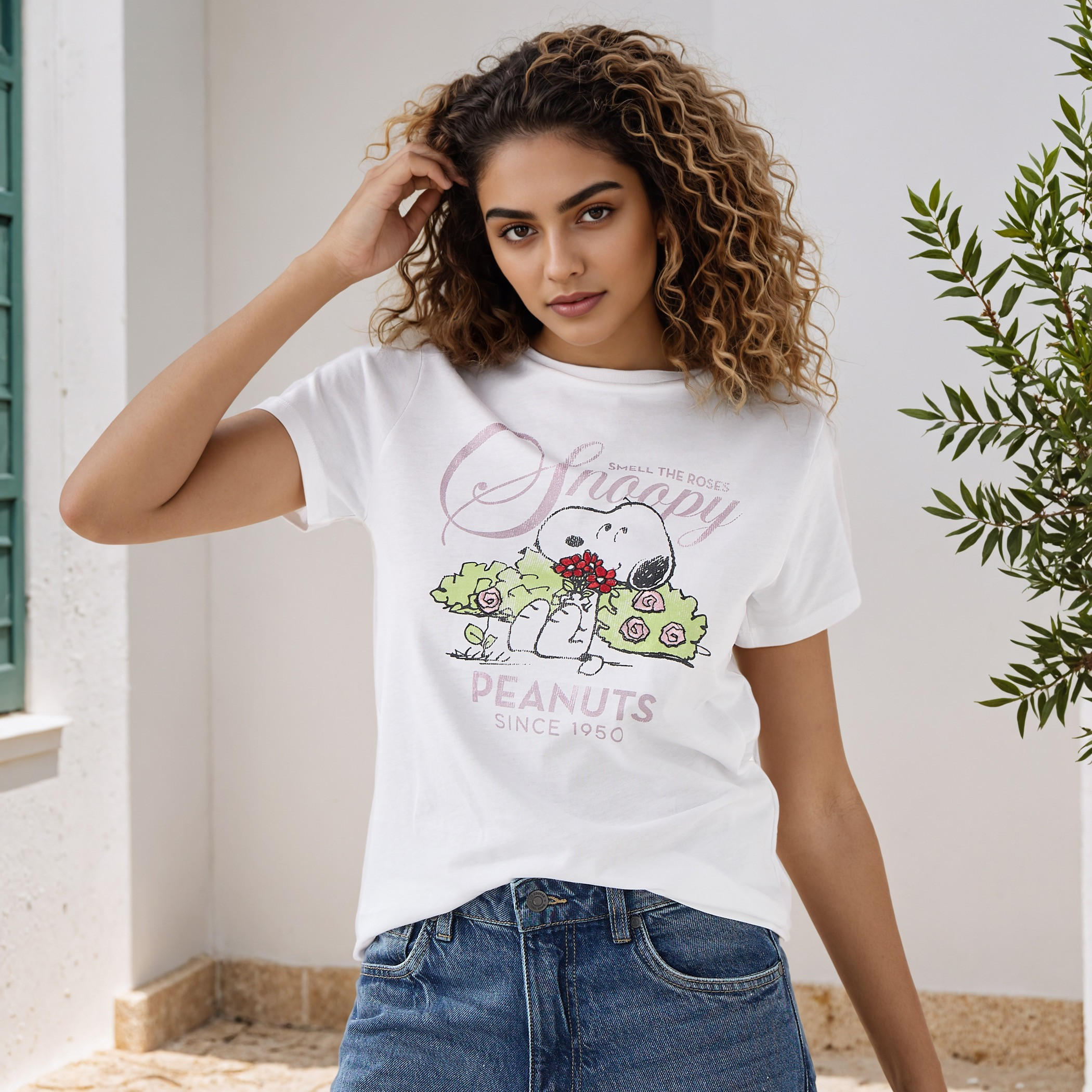 Snoopy Print Crew Neck T-shirt-women-clothing-tshirts-image-1