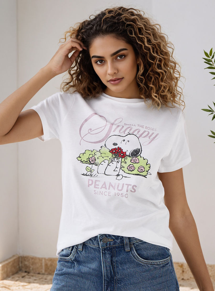 Snoopy Print Crew Neck T-shirt-women-clothing-tshirts-image-1