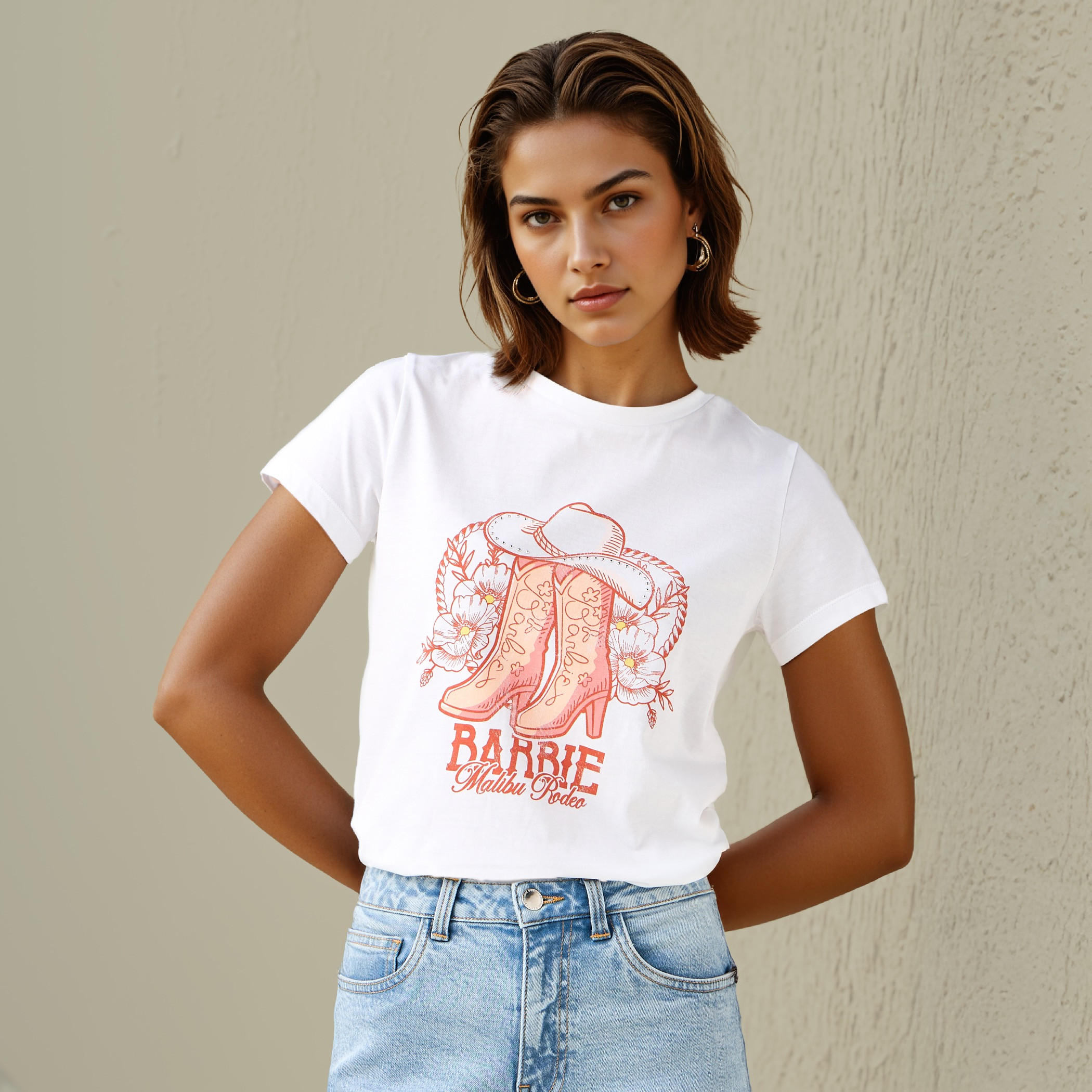 Barbie Print Cropped Crew Neck T-shirt-women-clothing-tshirts-image-1