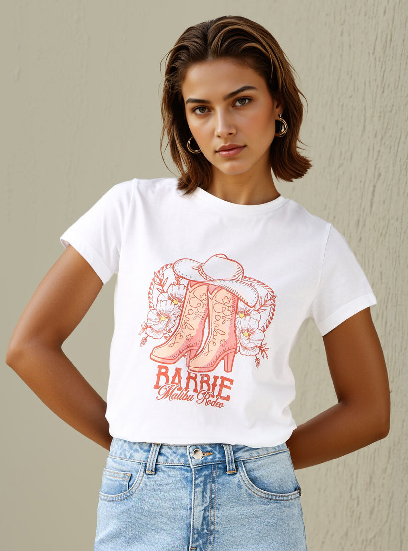 Barbie Print Cropped Crew Neck T-shirt-women-clothing-tshirts-image-1
