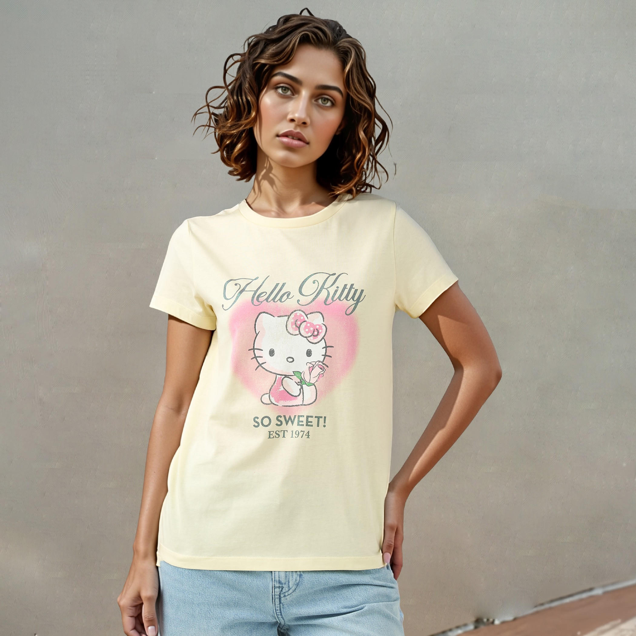 Hello Kitty Print Crew Neck T-shirt-women-clothing-tshirts-image-1