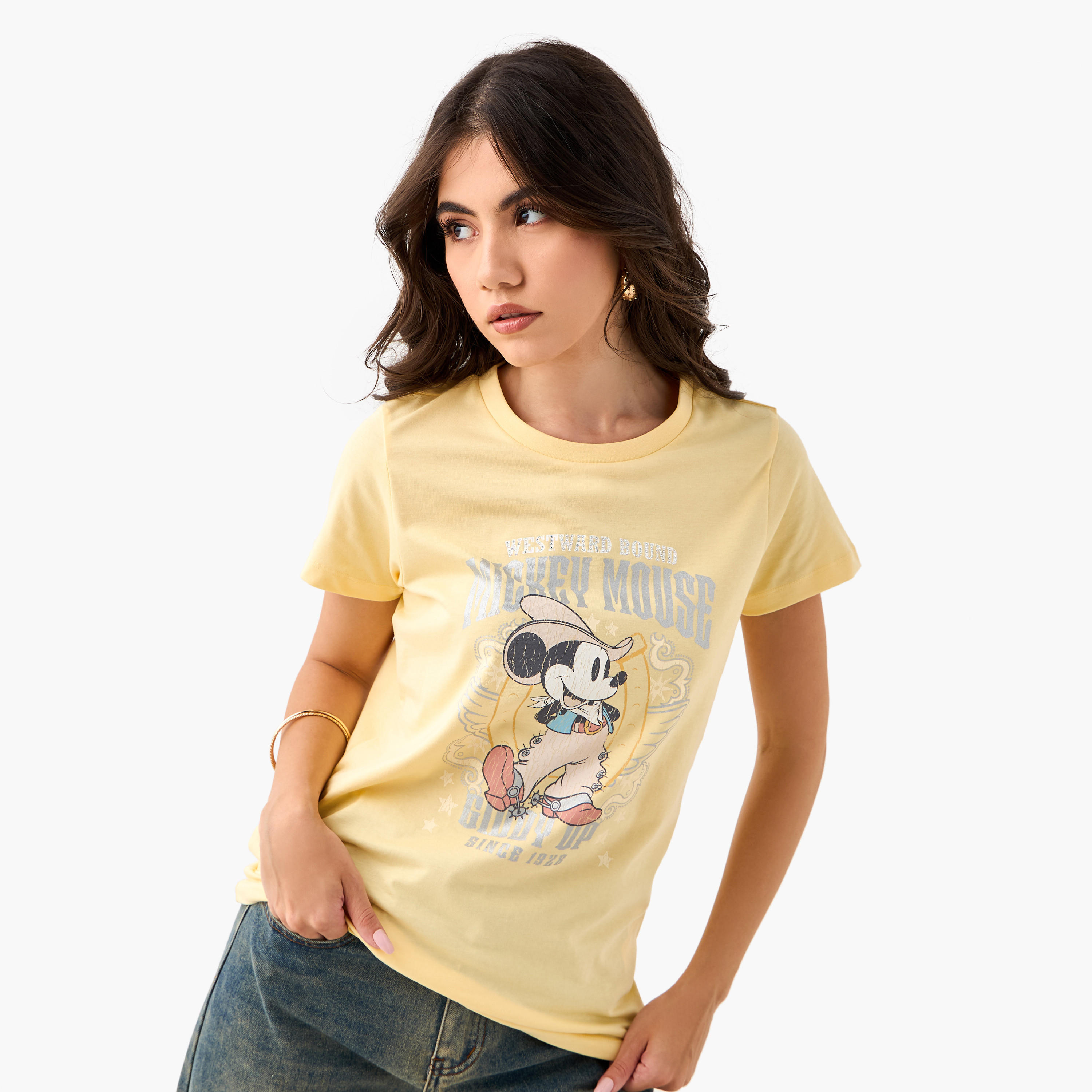 Mickey Mouse Print Crew Neck T-shirt-women-clothing-tshirts-image-1