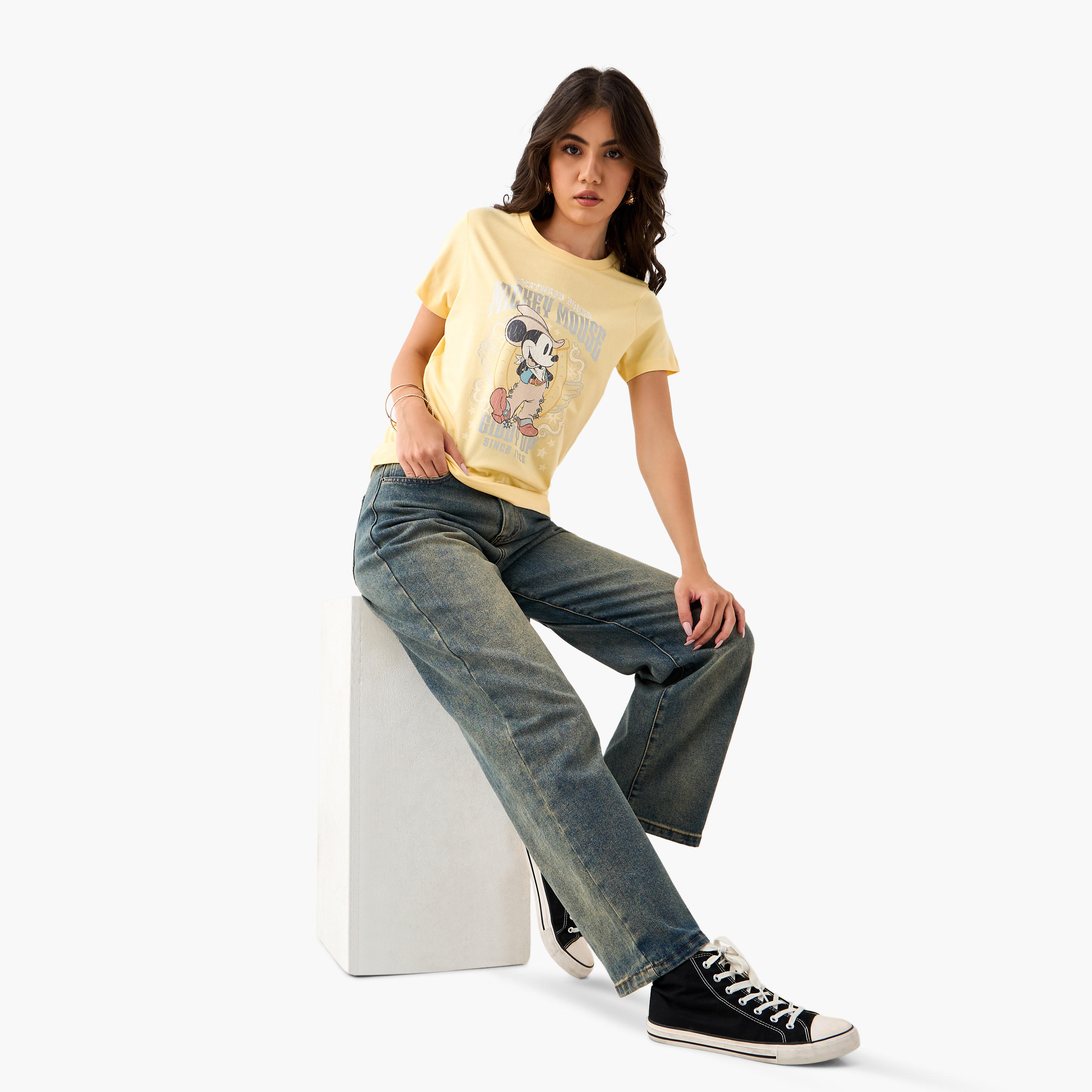 Mickey Mouse Print Crew Neck T-shirt-women-clothing-tshirts-image-2