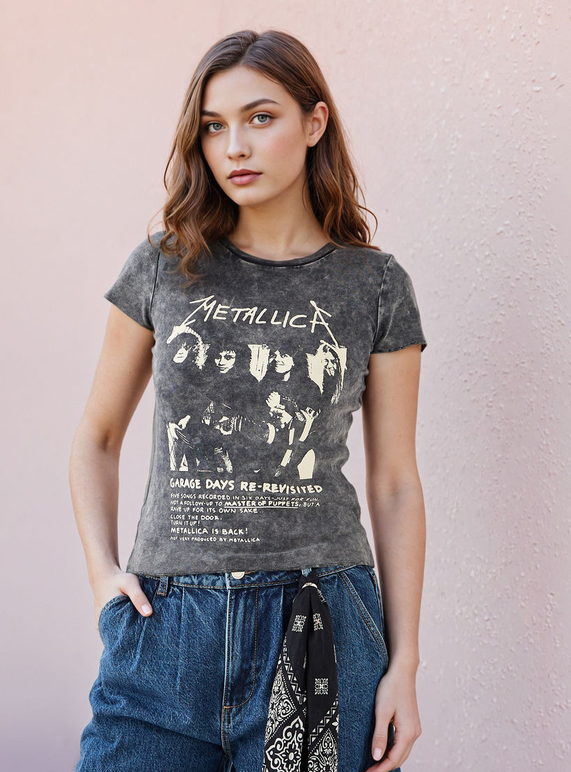Metallica Acid Wash Print T-shirt with Round Neck-women-clothing-tshirts-image-1