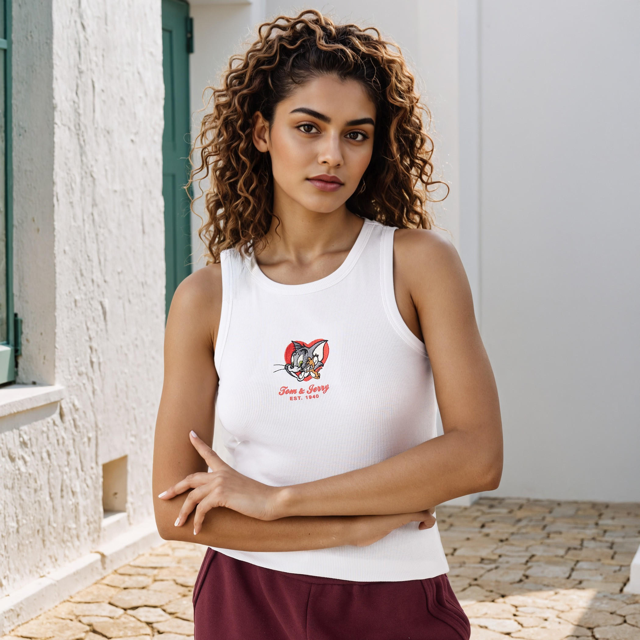 بلوزة تانك مضلعة بتطريزات توم وجيري-women-clothing-tshirts-image-1
