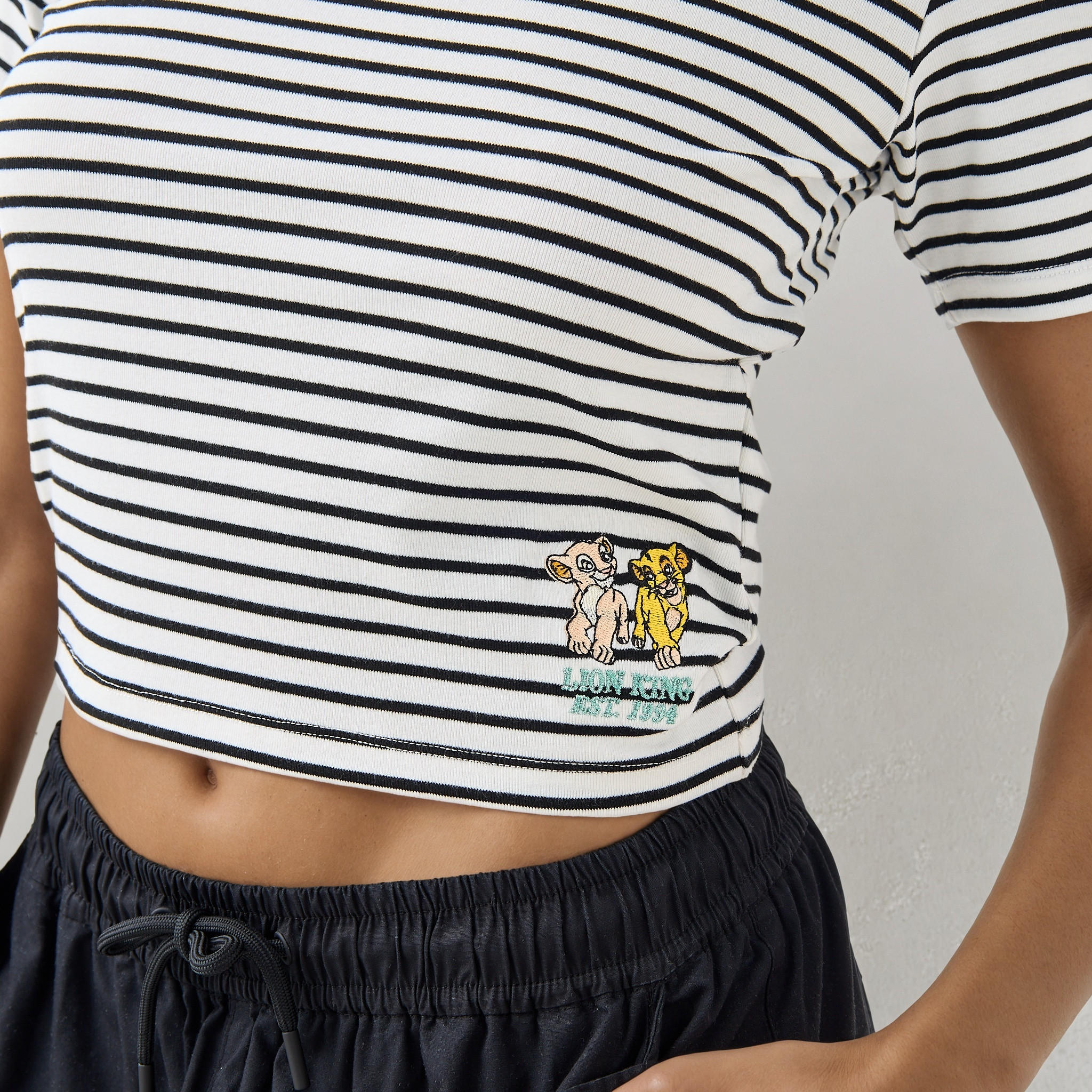 Lion King Embroidered Striped Crop T-shirt-women-clothing-tshirts-image-4