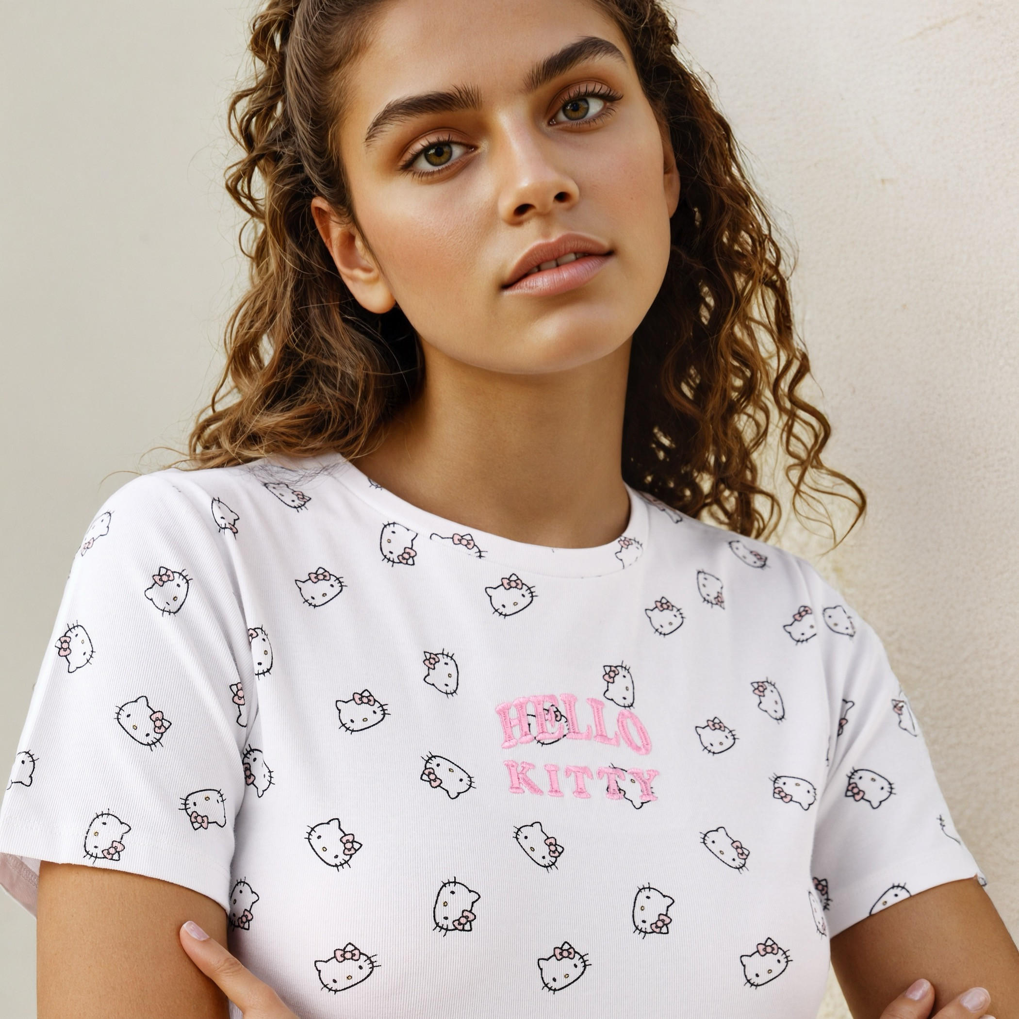 Hello Kitty Print Ribbed Crop T-shirt with Crew Neck-women-clothing-tshirts-image-4