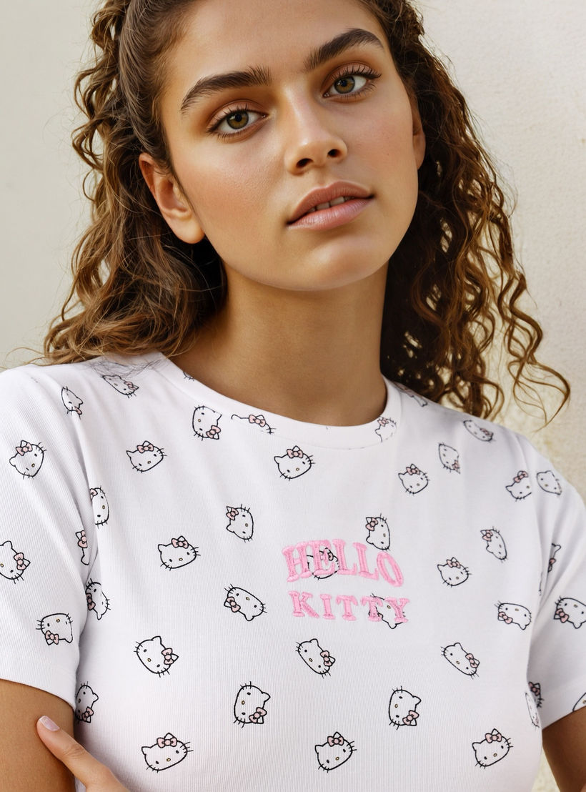 Hello Kitty Print Ribbed Crop T-shirt with Crew Neck-women-clothing-tshirts-image-4