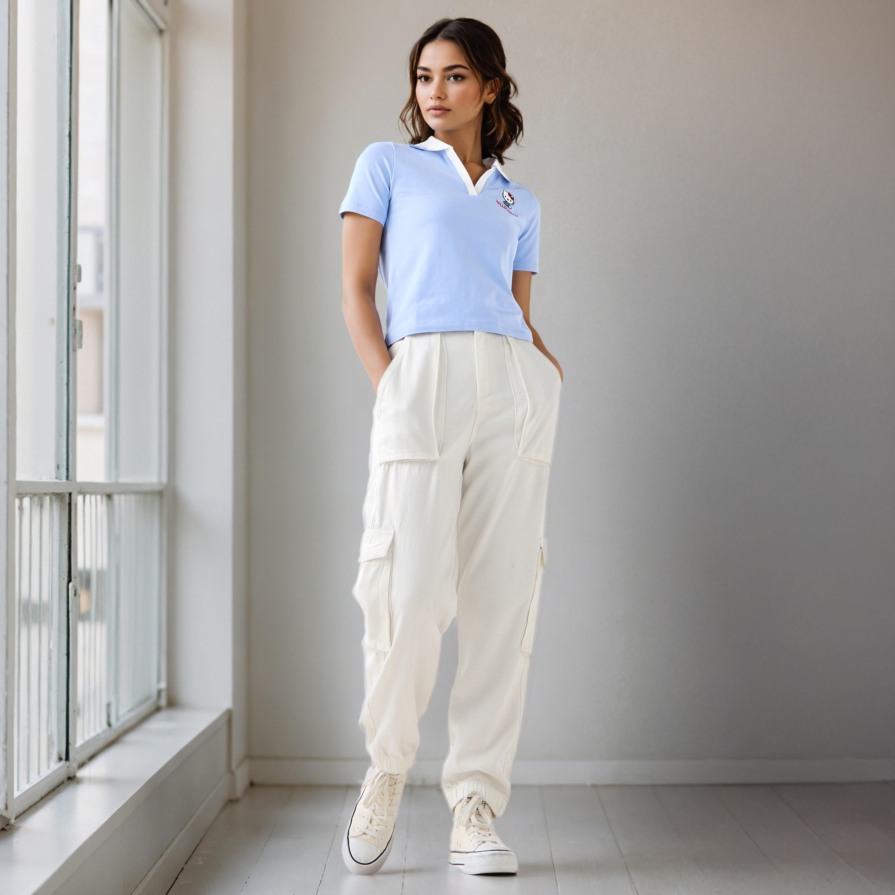 Hello Kitty Embroidered Polo Cotton T-shirt-women-clothing-tshirts-image-2