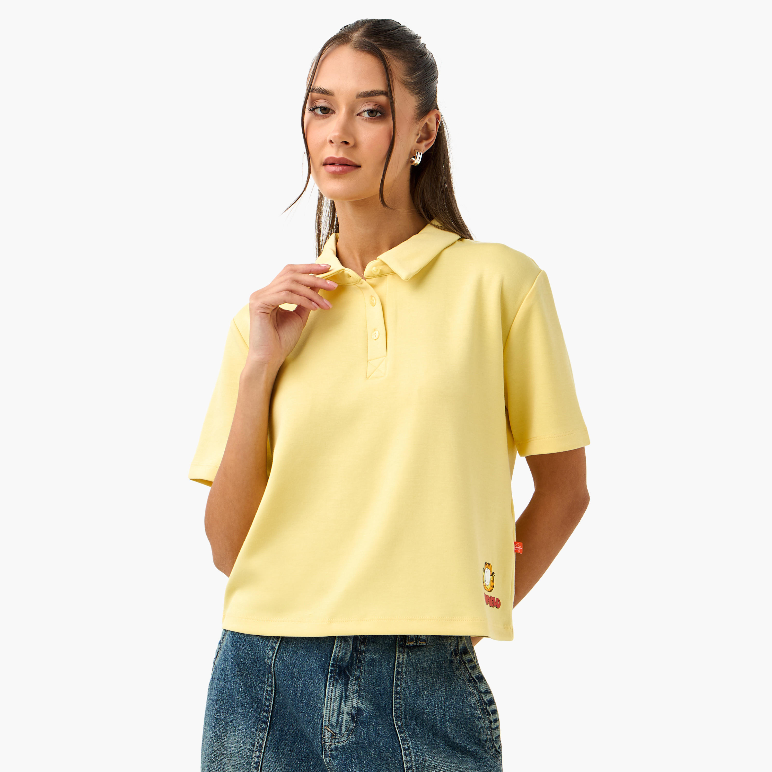 Garfield Print Cropped Polo T-shirt-women-clothing-tshirts-image-1