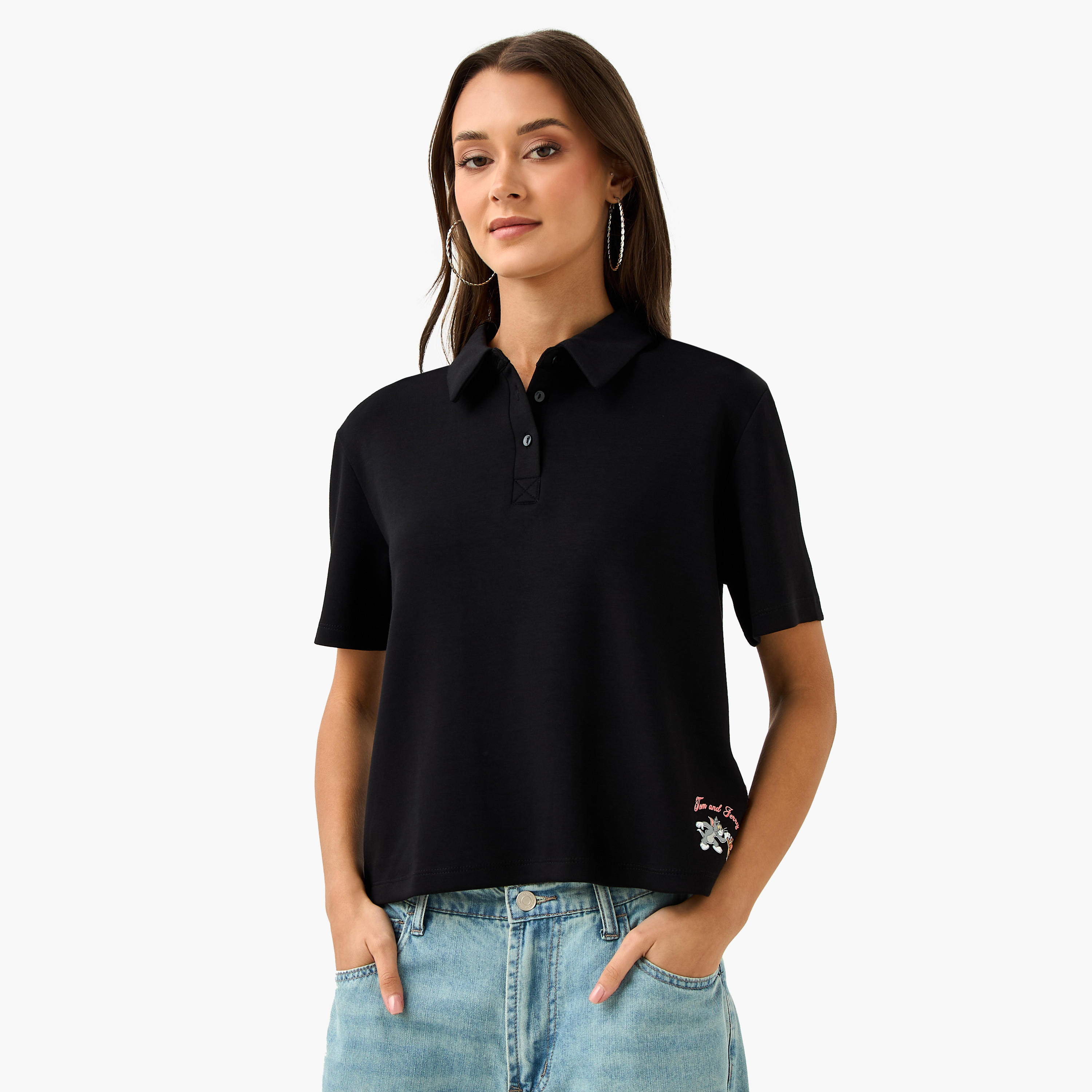Tom and Jerry Print Polo T-shirt-women-clothing-tshirts-image-1