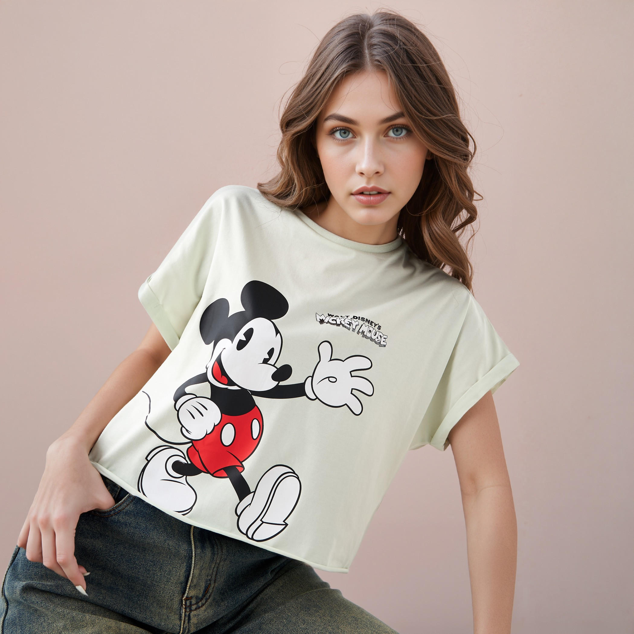 Mickey Mouse Print Cropped T-shirt with Crew Neck-women-clothing-tshirts-image-1
