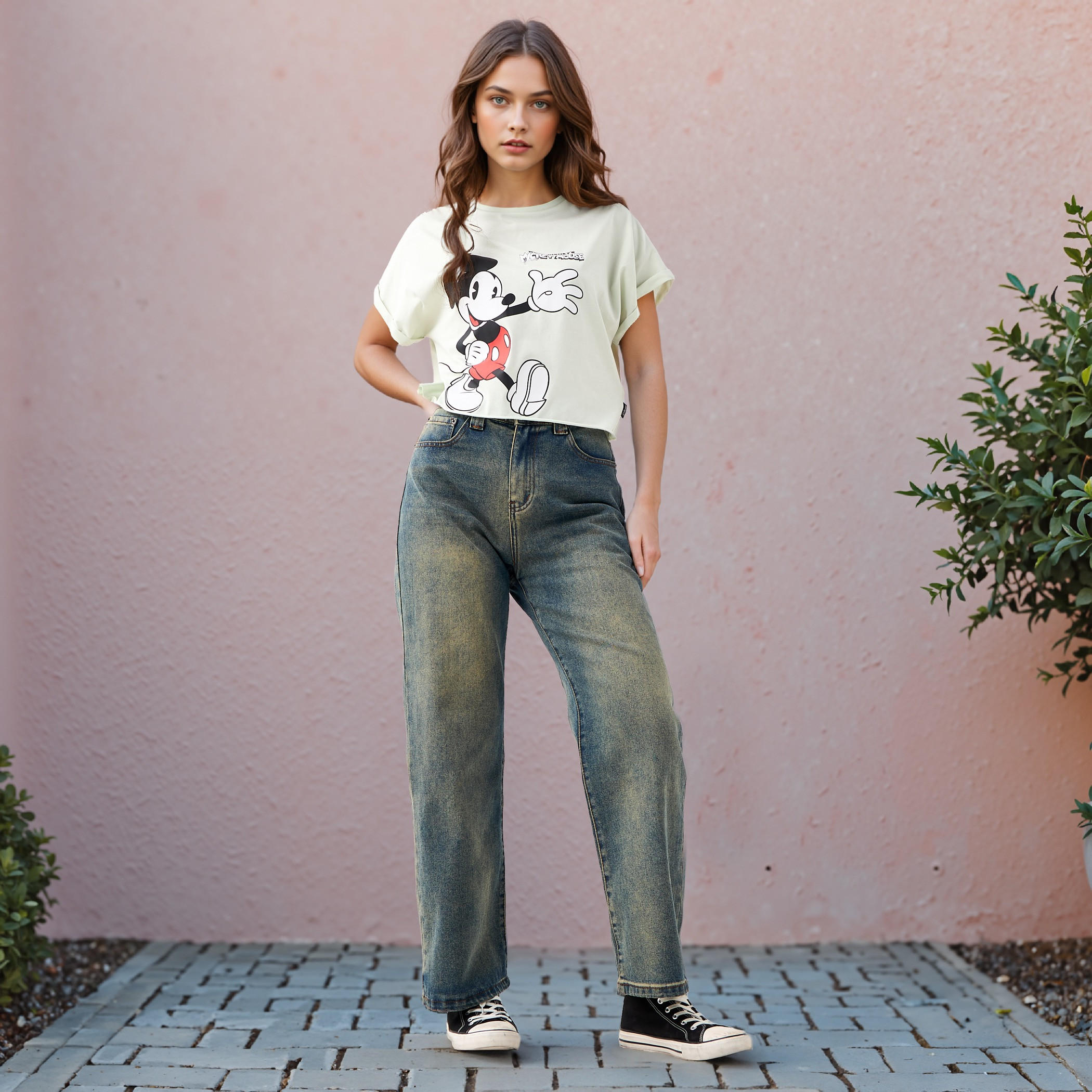 Mickey Mouse Print Cropped T-shirt with Crew Neck-women-clothing-tshirts-image-2
