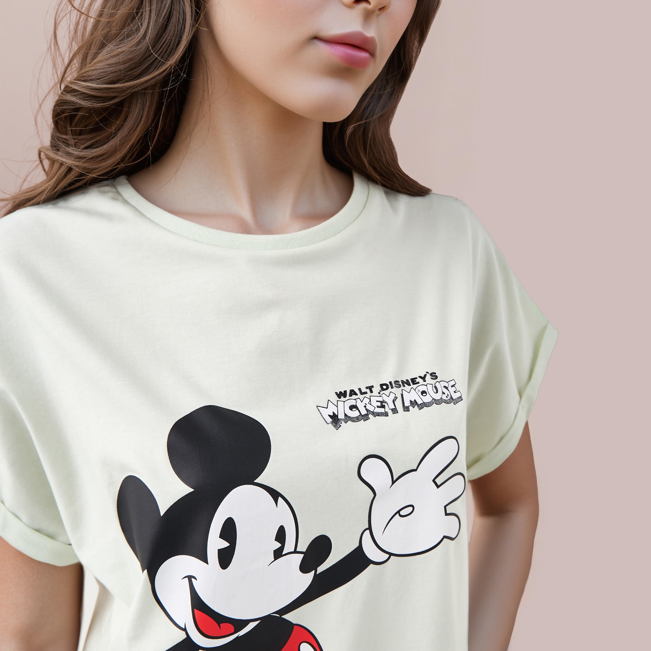 Mickey Mouse Print Cropped T-shirt with Crew Neck-women-clothing-tshirts-image-4