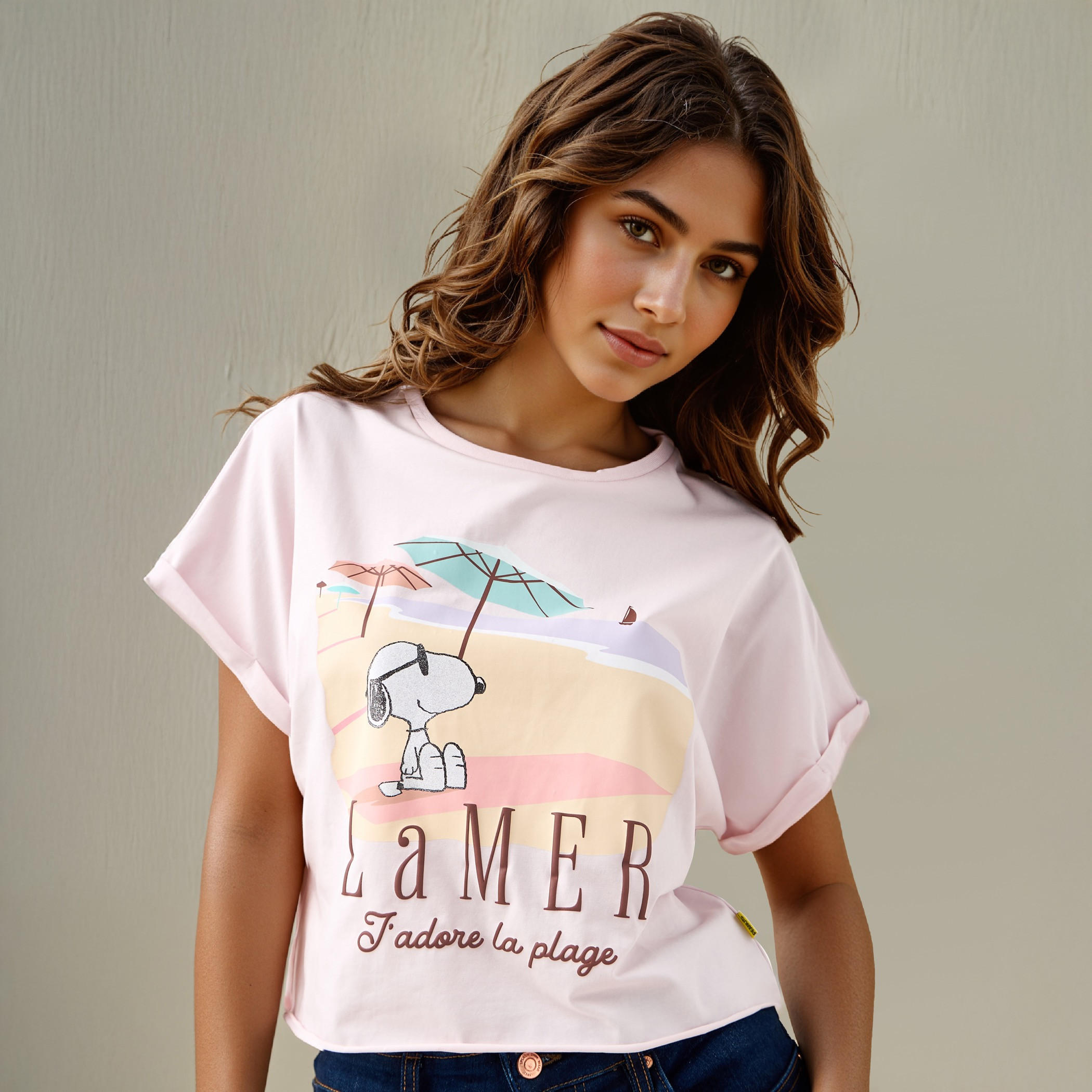 Peanuts Print Crew Neck T-shirt with Short Sleeves-women-clothing-tshirts-image-1