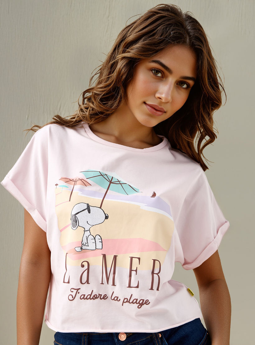 Peanuts Print Crew Neck T-shirt with Short Sleeves-women-clothing-tshirts-image-1