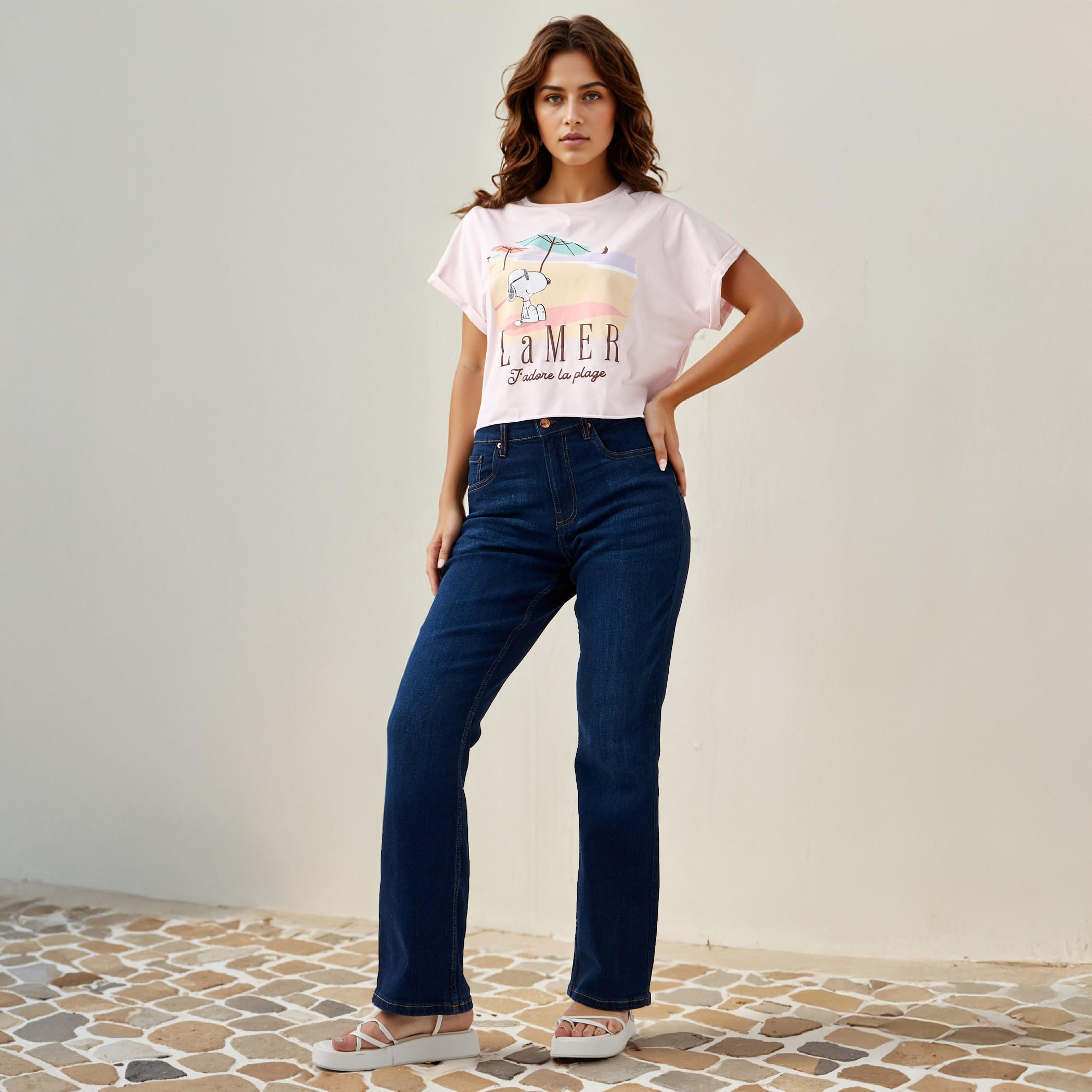 Peanuts Print Crew Neck T-shirt with Short Sleeves-women-clothing-tshirts-image-2