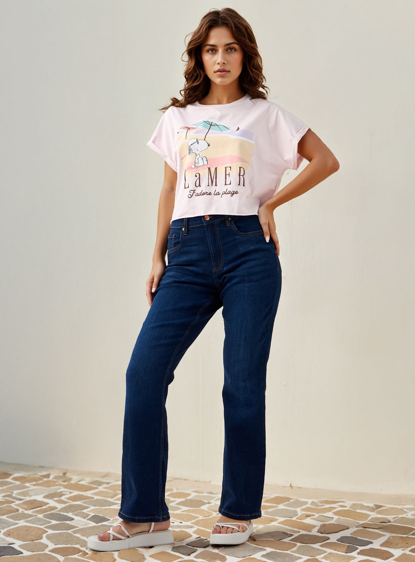 Peanuts Print Crew Neck T-shirt with Short Sleeves-women-clothing-tshirts-image-2