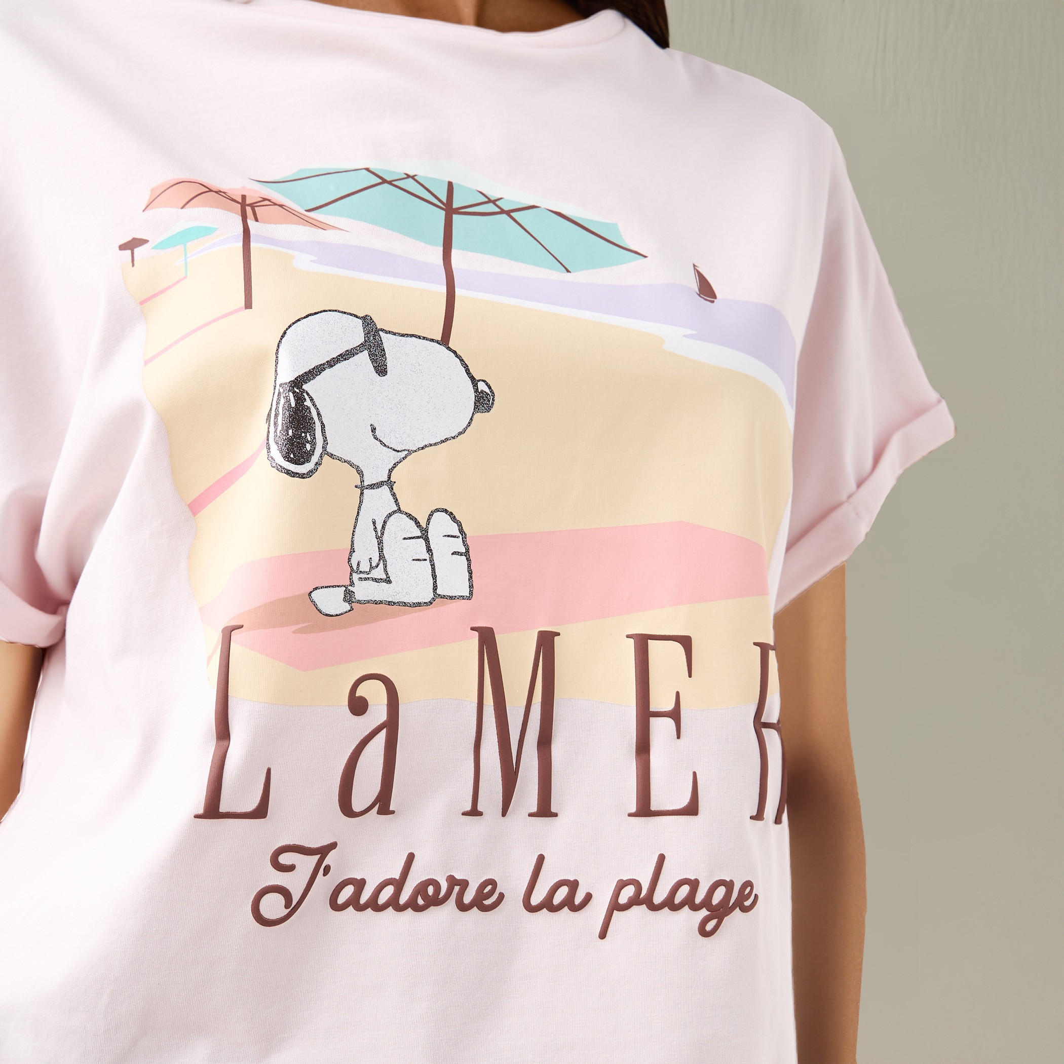 Peanuts Print Crew Neck T-shirt with Short Sleeves-women-clothing-tshirts-image-4