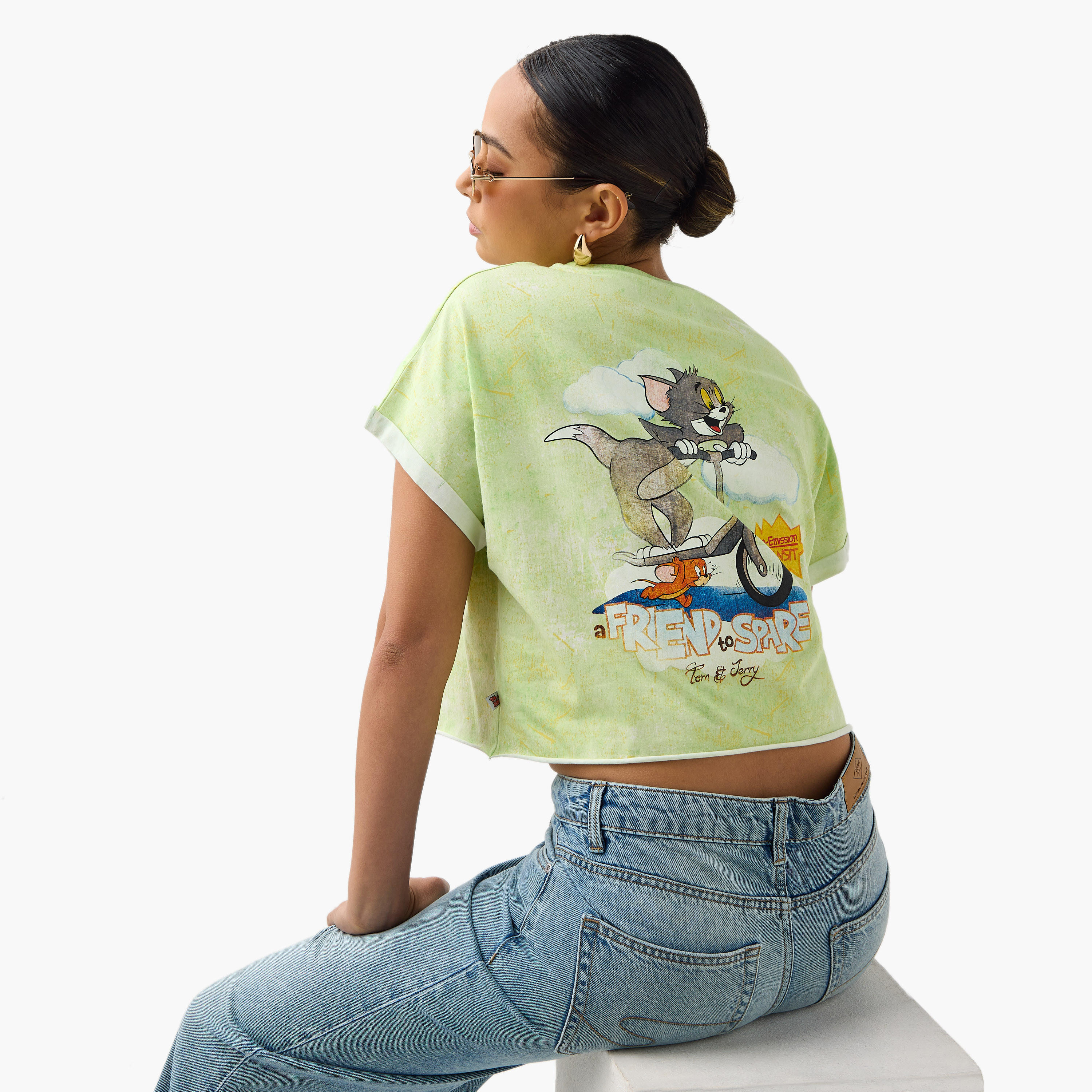 Tom and Jerry Print Crop T-shirt with Extended Sleeves-women-clothing-tshirts-image-1