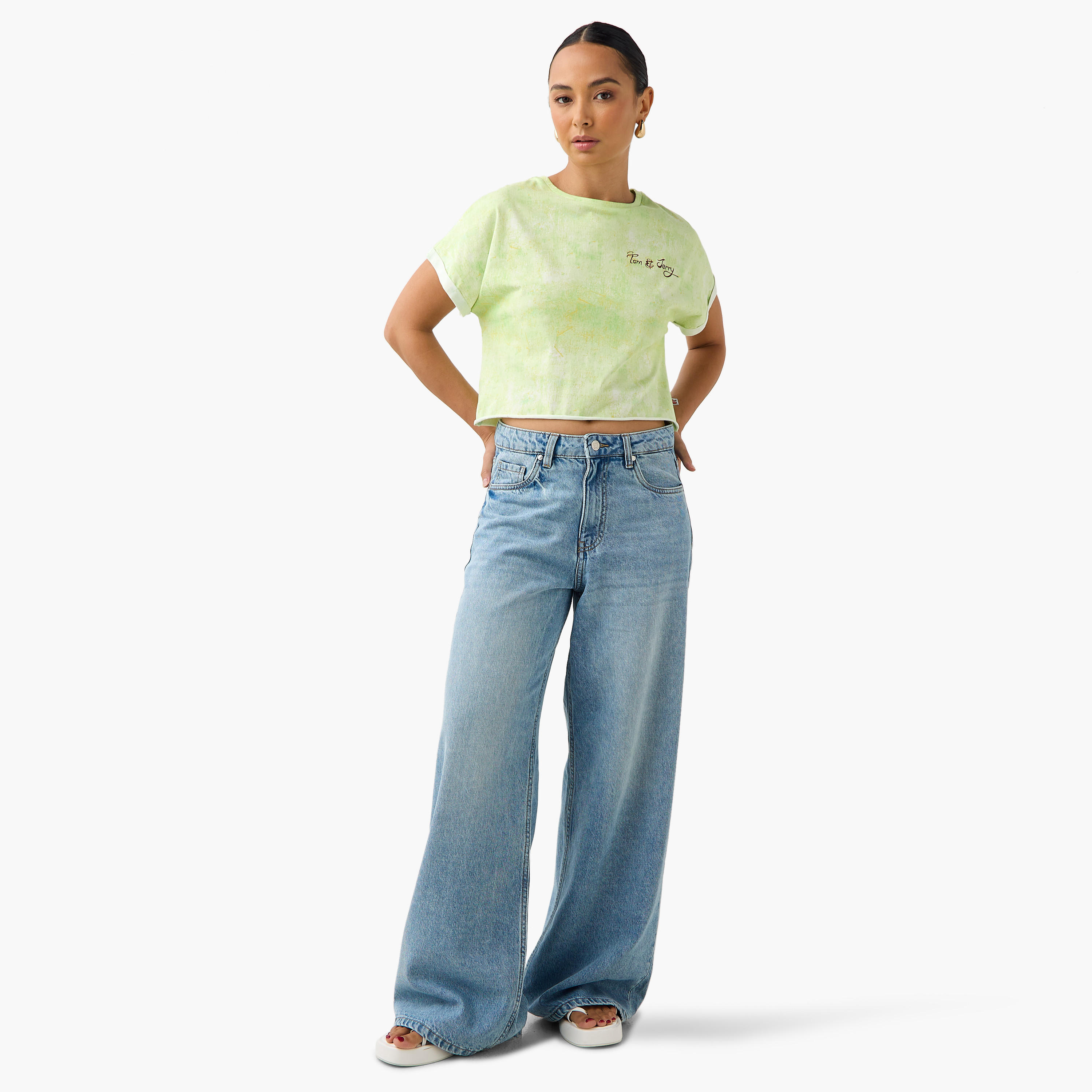 Tom and Jerry Print Crop T-shirt with Extended Sleeves-women-clothing-tshirts-image-2