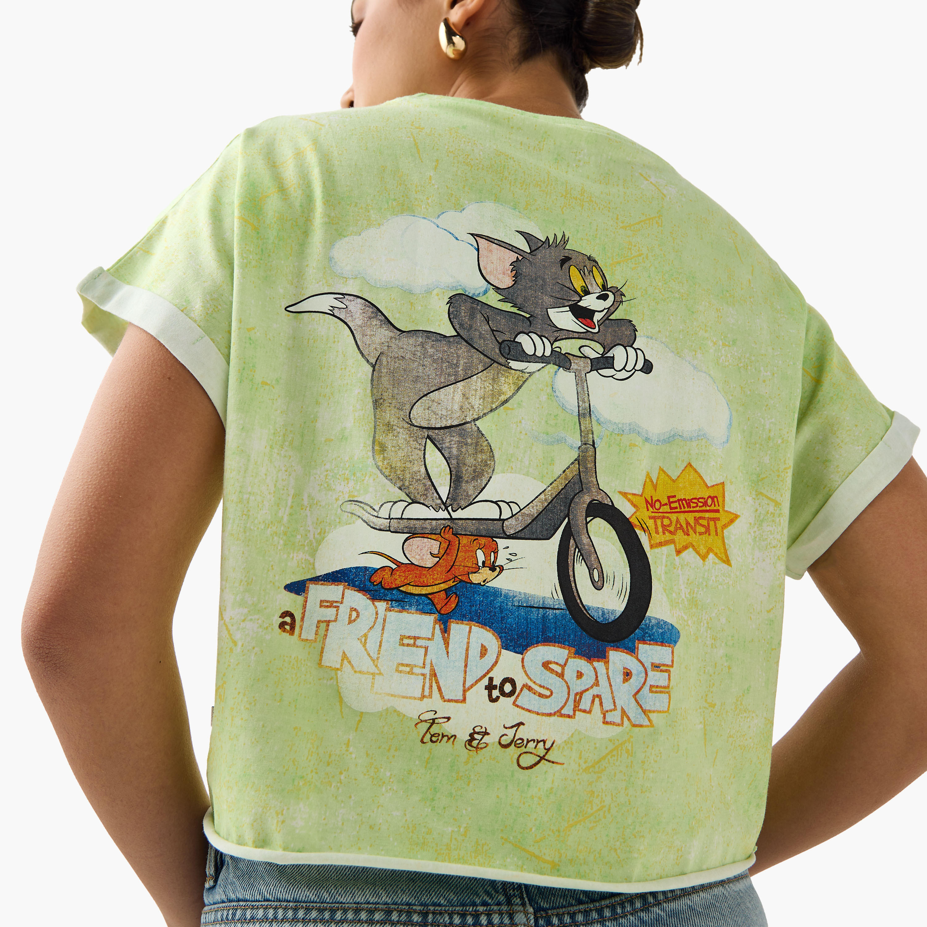 Tom and Jerry Print Crop T-shirt with Extended Sleeves-women-clothing-tshirts-image-4