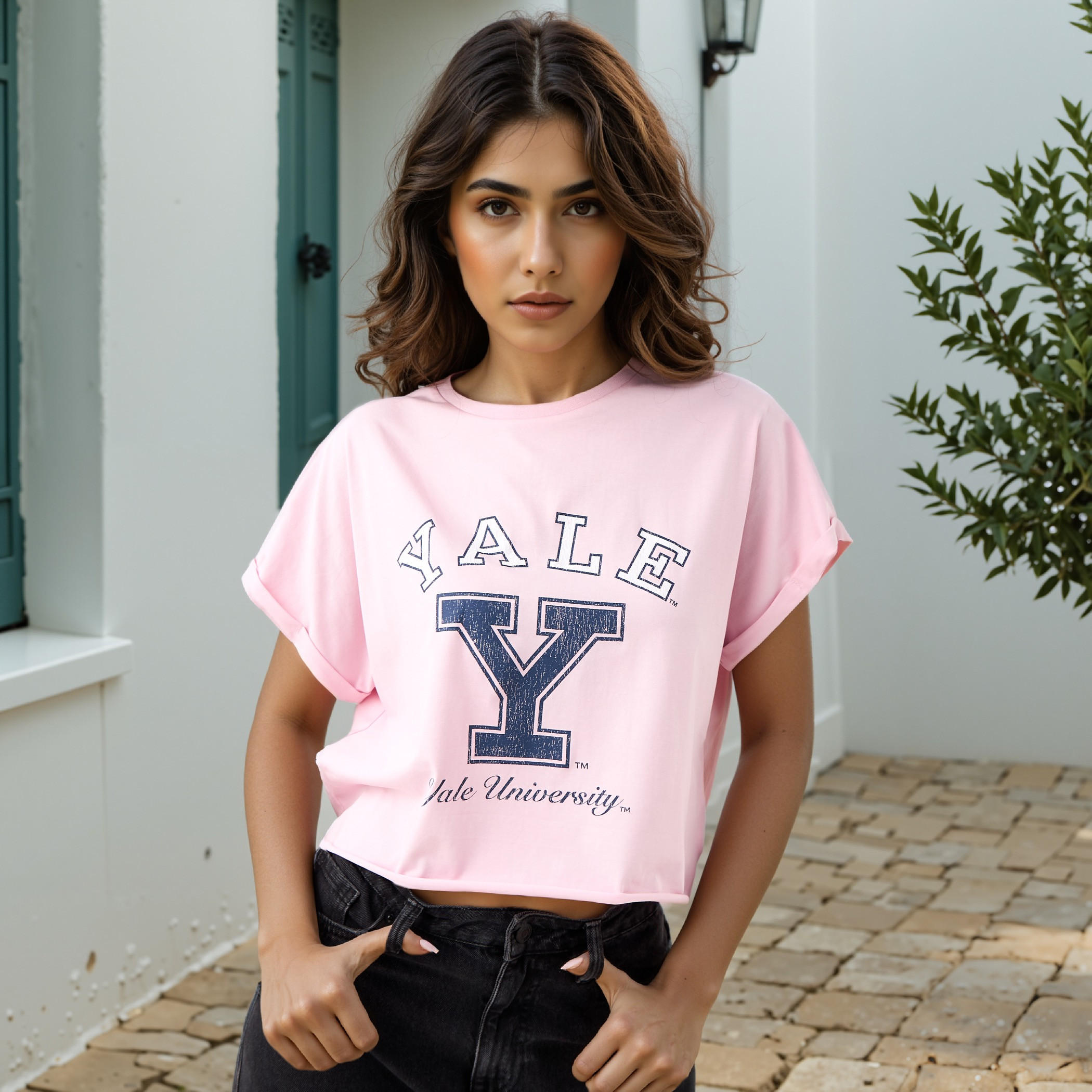 Yale University Cropped T-shirt with Extended Sleeves-women-clothing-tshirts-image-1