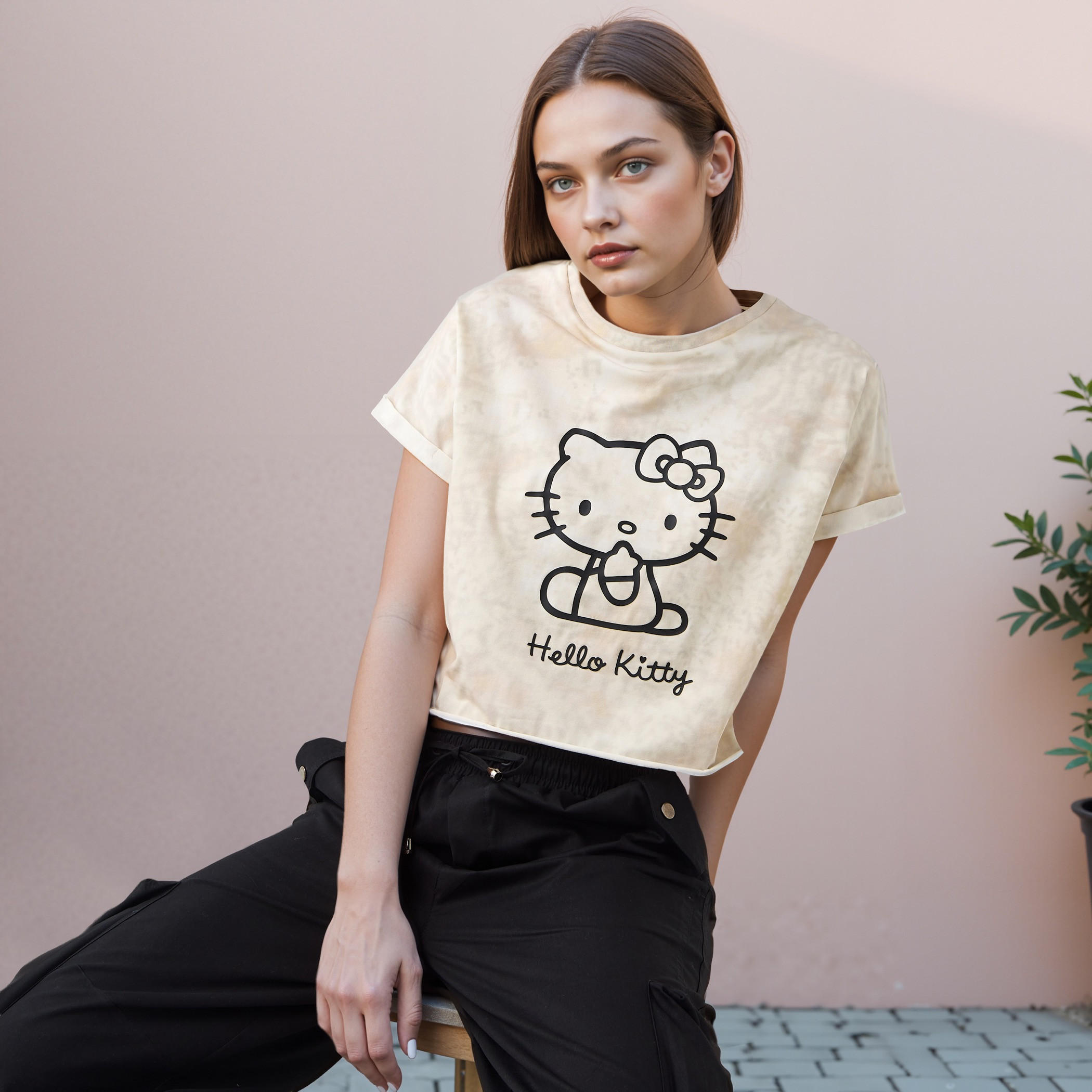 Hello Kitty Print Crop T-shirt with Extended Sleeves-women-clothing-tshirts-image-1