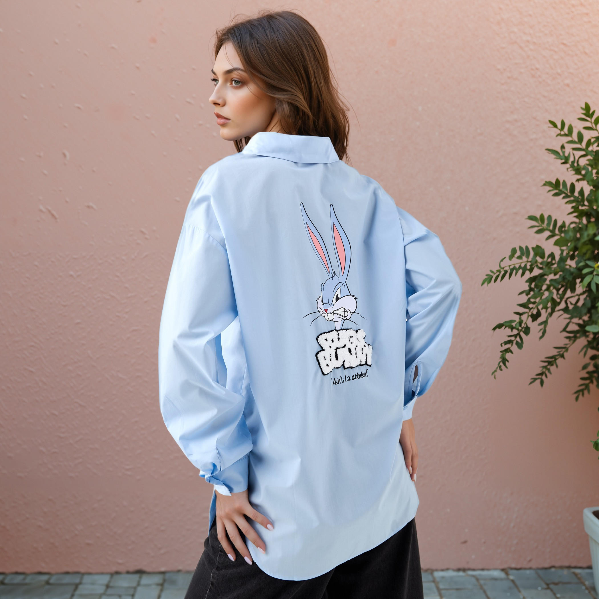 Bugs Bunny Oversized Cotton Shirt with High-Low Hem-women-clothing-shirtsandblouses-shirts-image-1