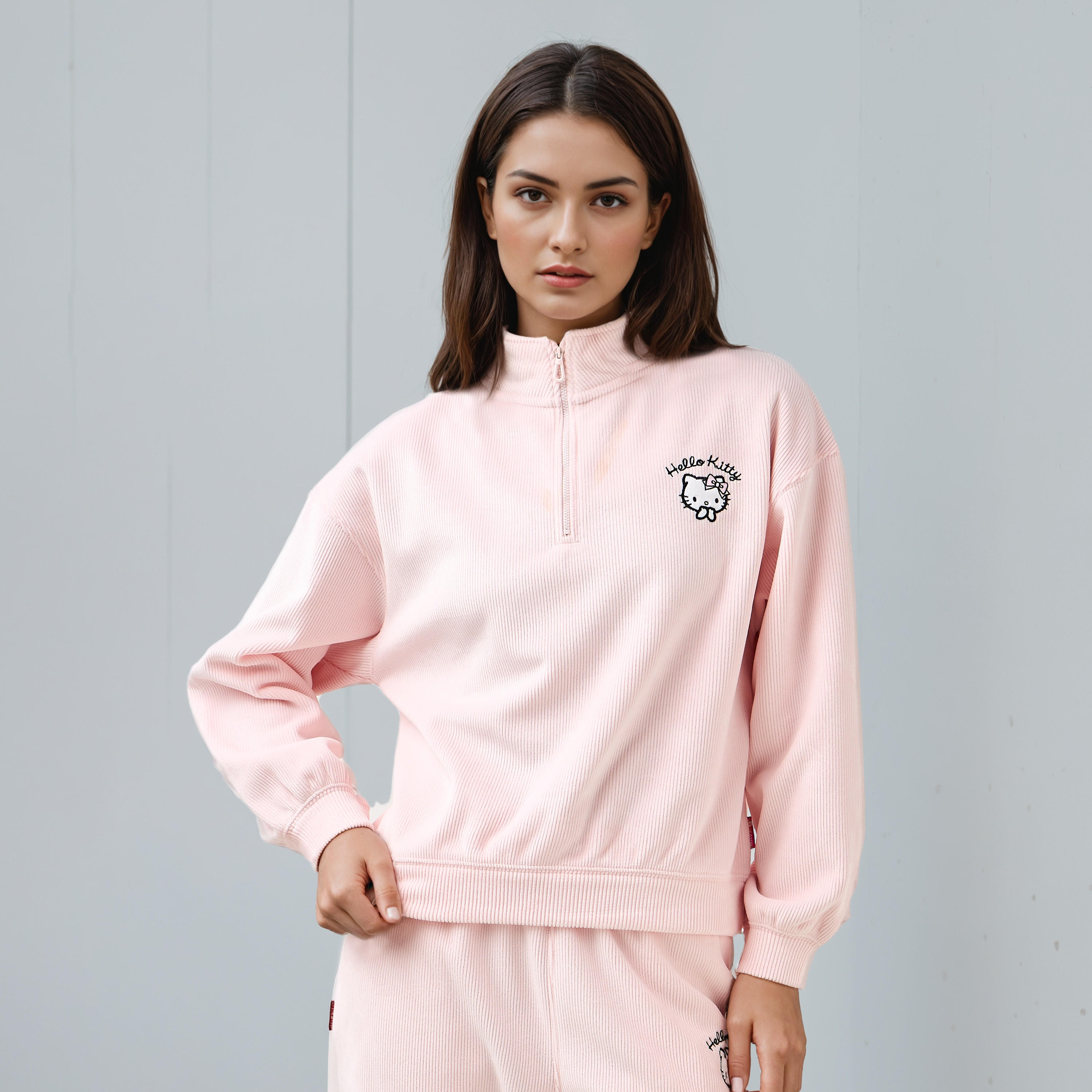 Hello Kitty Embroidered Ribbed Sweatshirt-women-winterwear-hoodiesandsweatshirts-sweatshirts-image-1