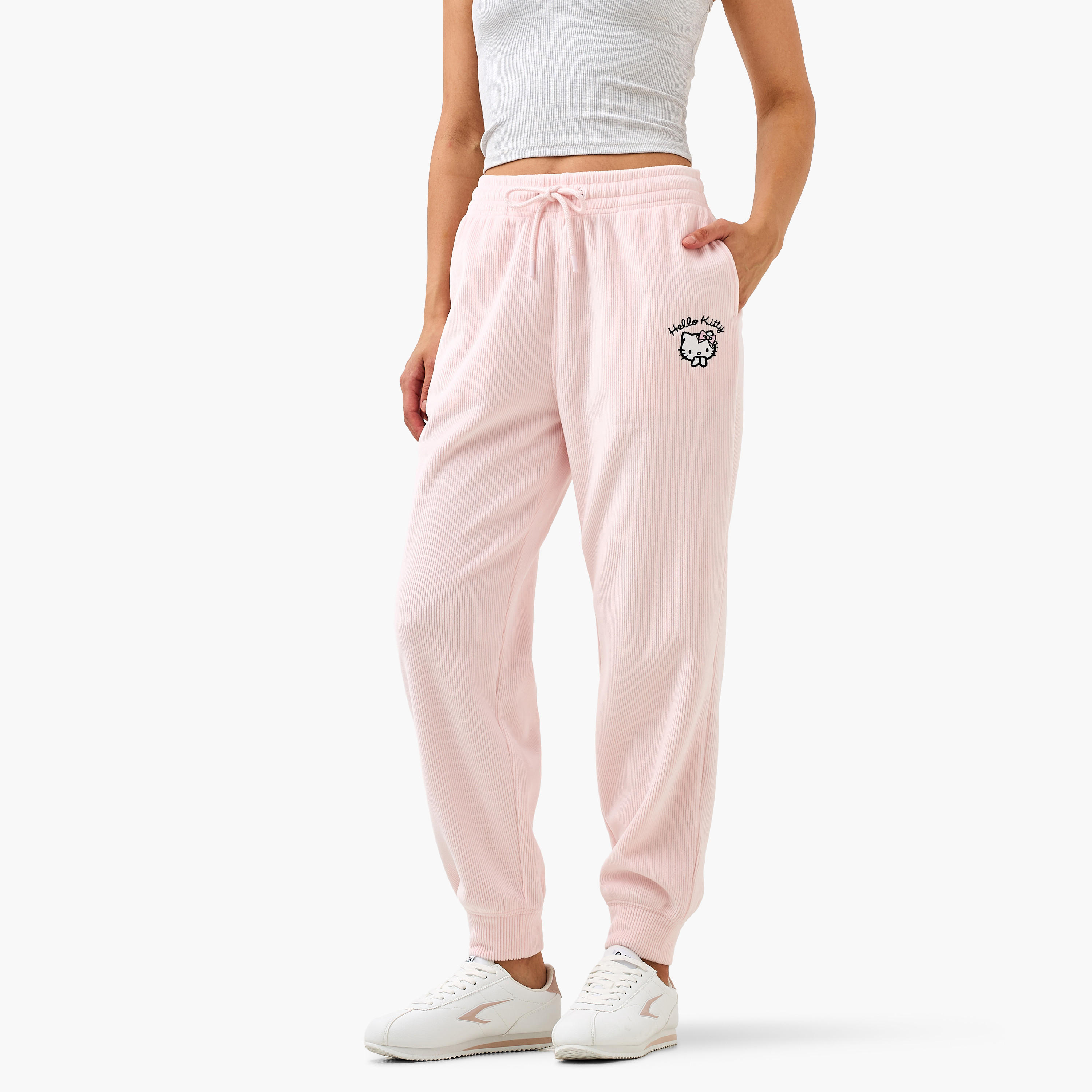 Hello Kitty Embroidered Ribbed Joggers-women-clothing-bottoms-joggers-image-1