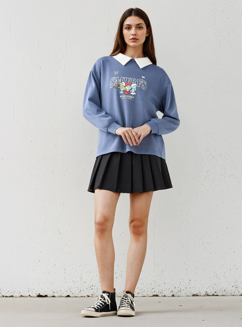 Smurfs Print Sweatshirt with Contrast Collar-women-winterwear-hoodiesandsweatshirts-sweatshirts-image-2