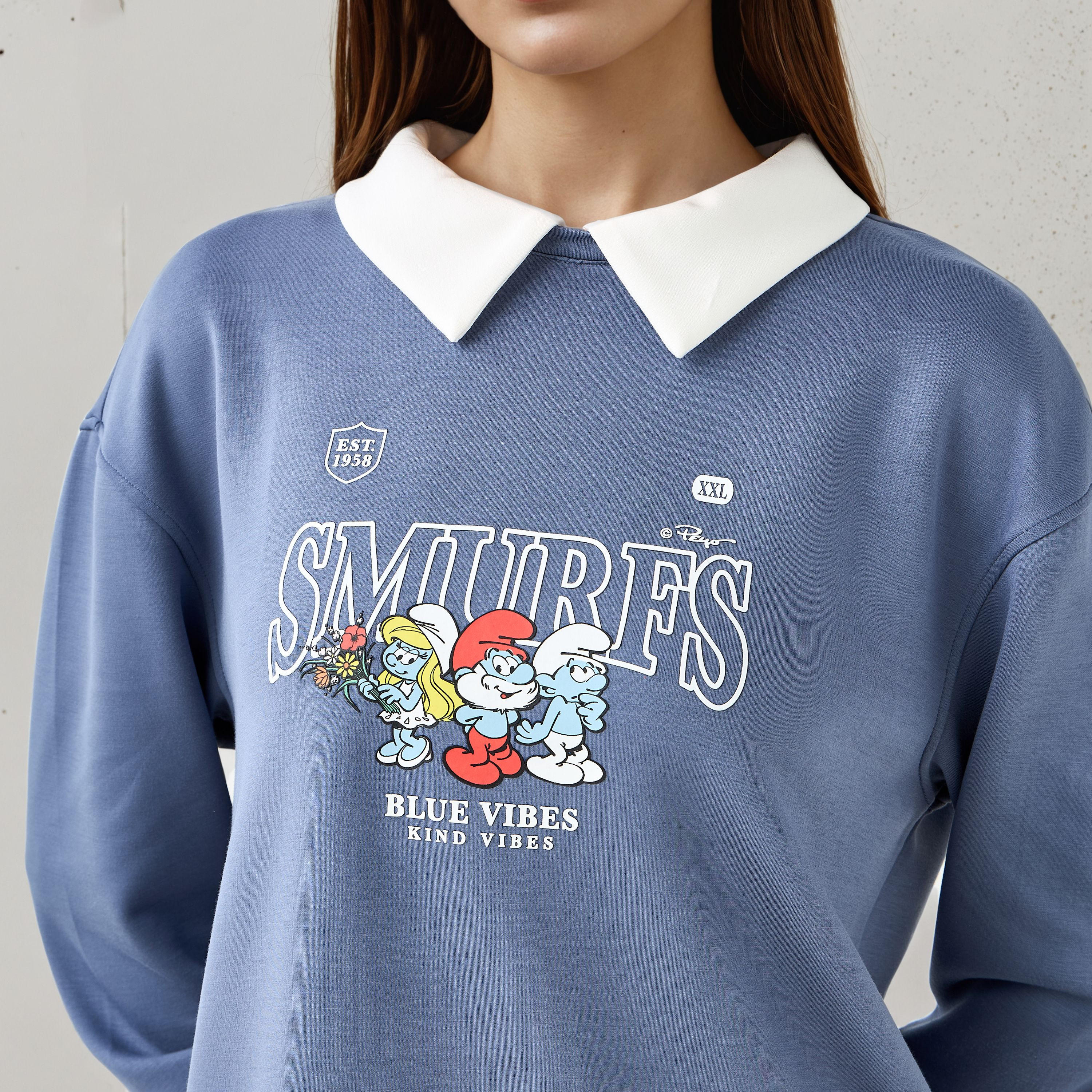 Smurfs Print Sweatshirt with Contrast Collar-women-winterwear-hoodiesandsweatshirts-sweatshirts-image-5