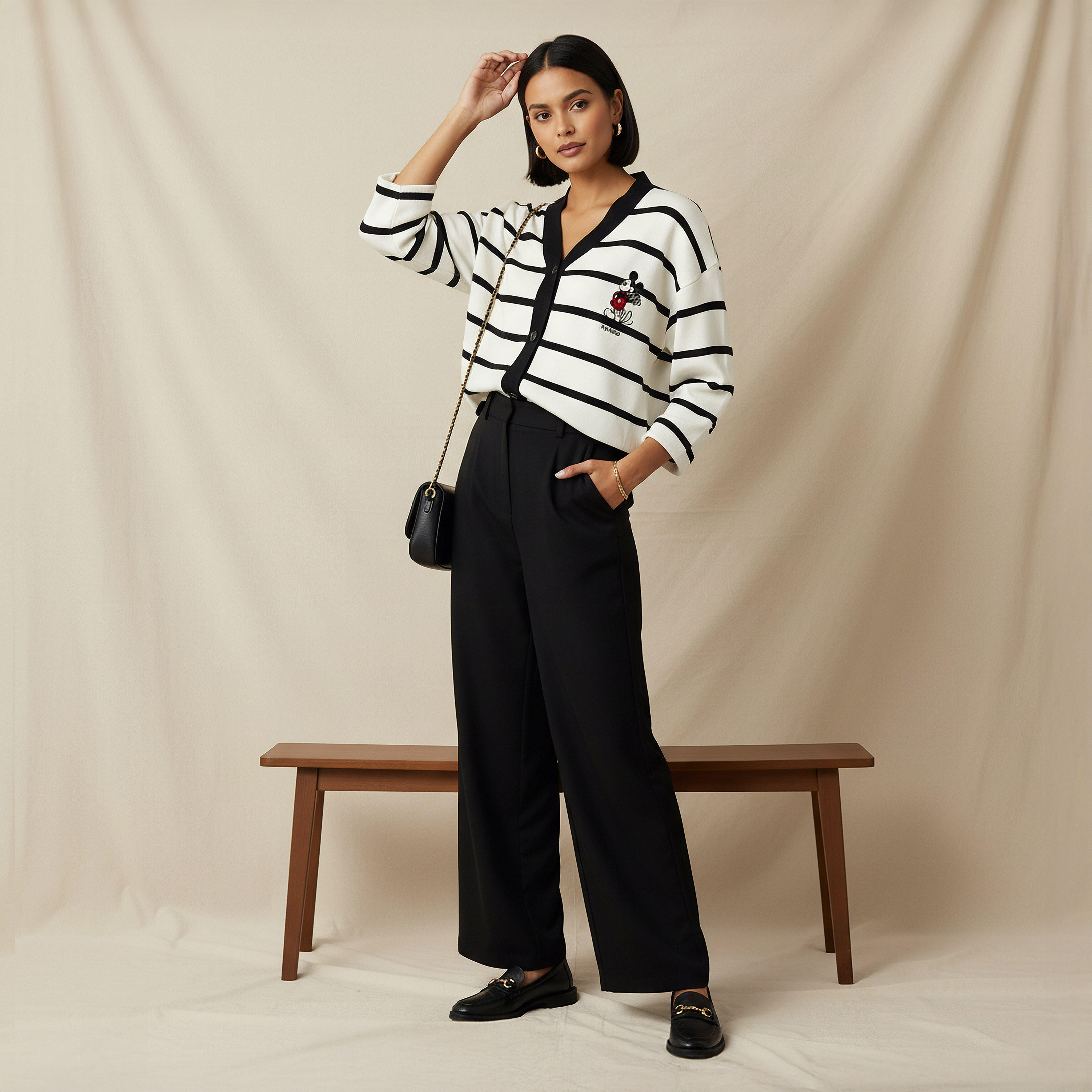 Loose Fit Striped V-neck Cardigan-women-winterwear-cardigansandjumpers-cardigans-image-2
