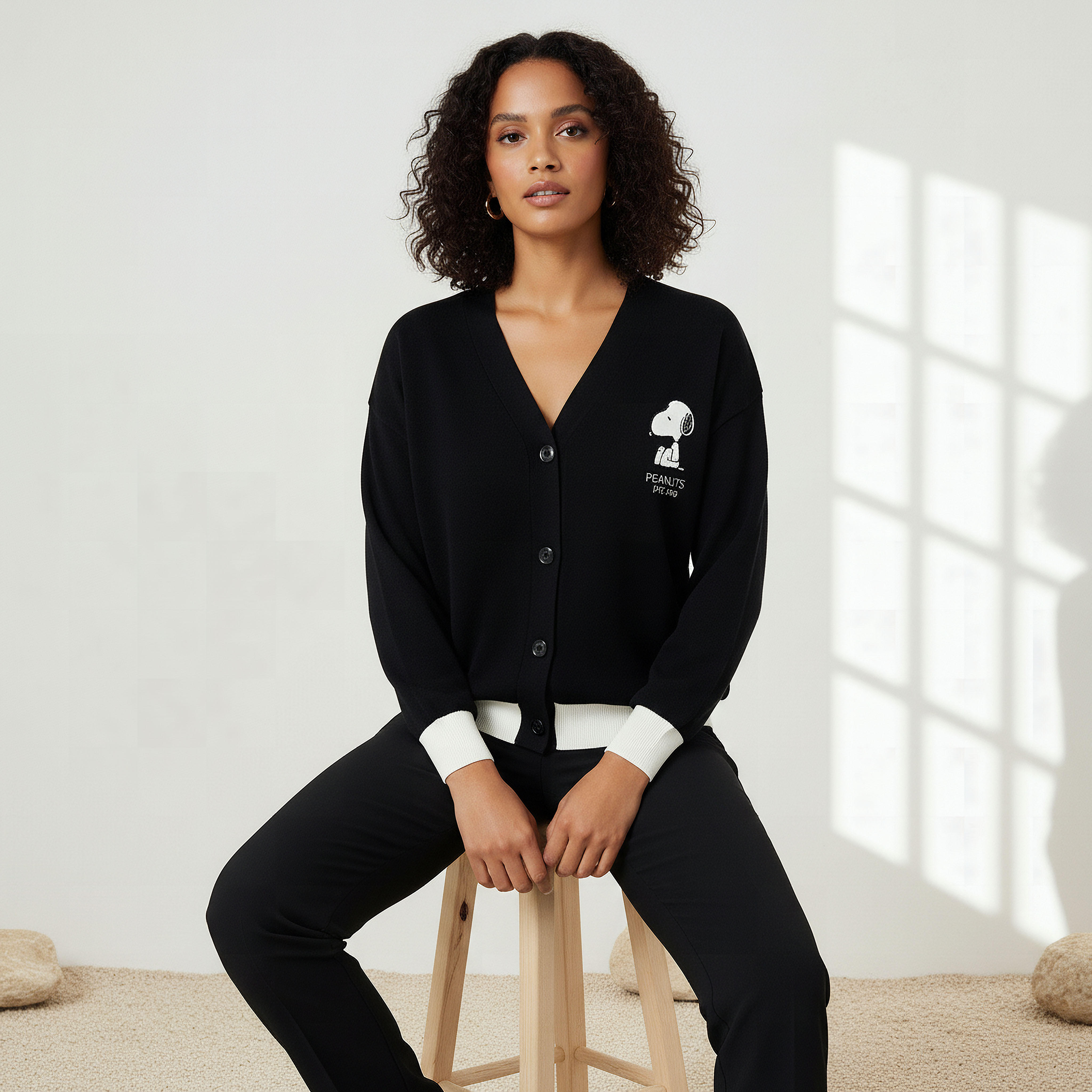 Snoopy Embroidered V-neck Cardigan-women-winterwear-cardigansandjumpers-cardigans-image-5