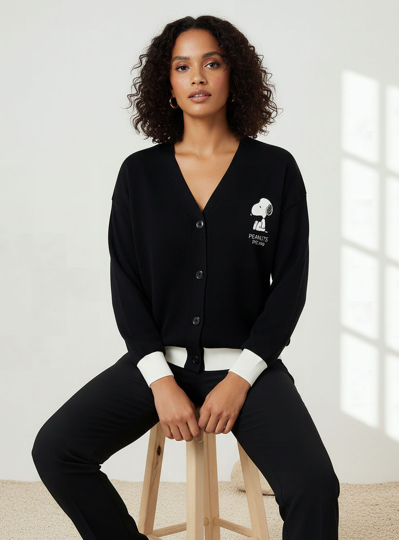 Snoopy Embroidered V-neck Cardigan-women-winterwear-cardigansandjumpers-cardigans-image-5