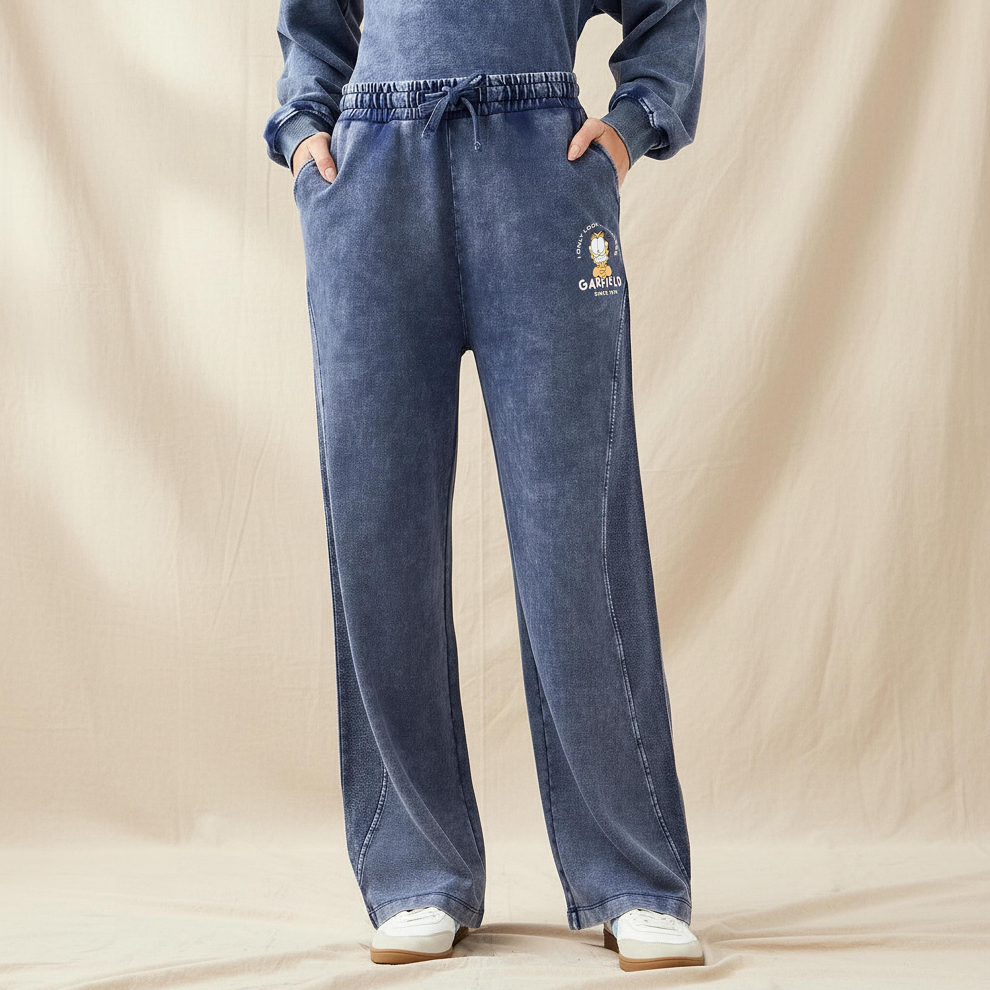 بنطال قطني واسع الساقين بخصر مريح من غارفيلد-women-clothing-coordsets-image-1