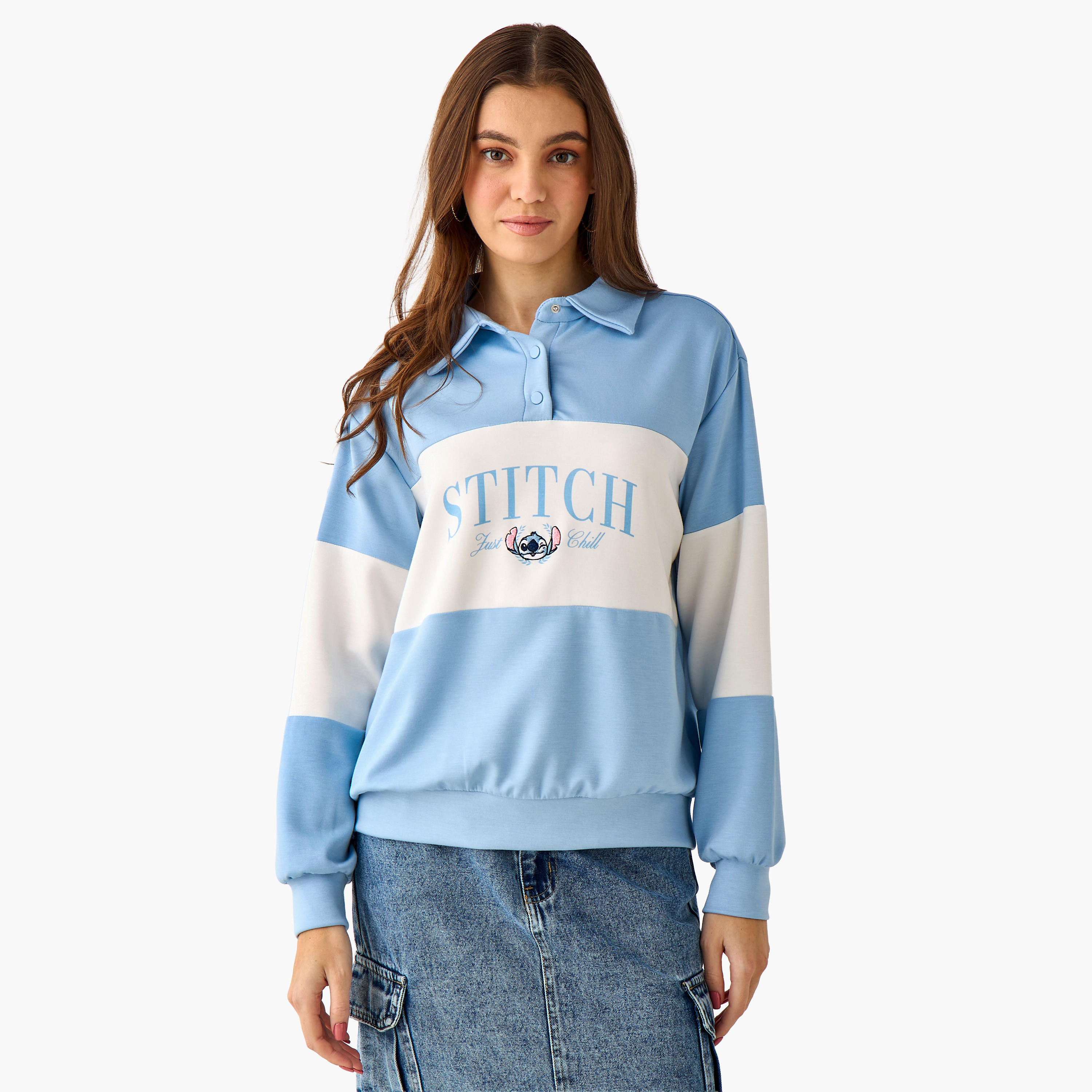 سويت شيرت ليلو وستيتش بقصة مريحة مع ياقة بولو-women-winterwear-hoodiesandsweatshirts-sweatshirts-image-2