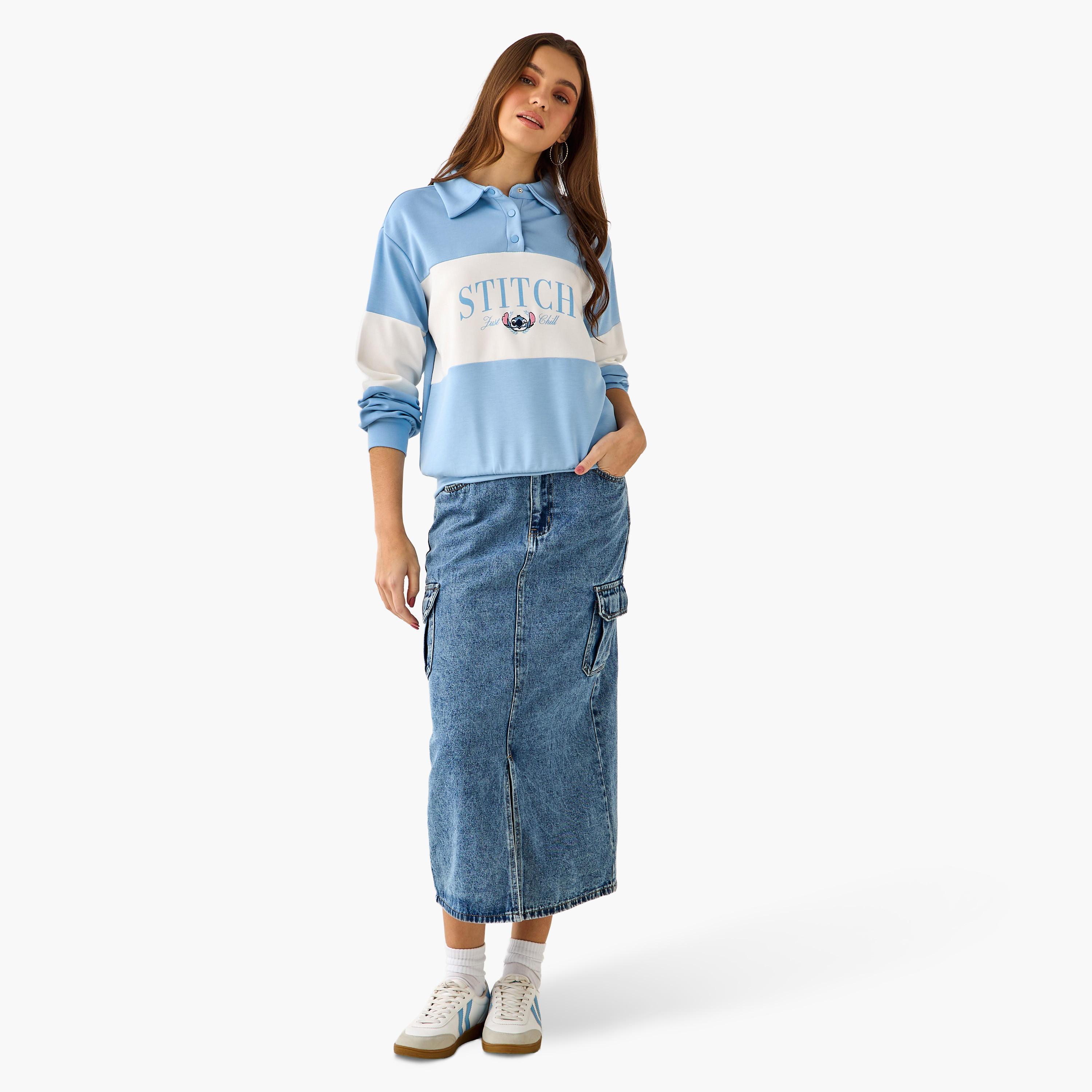 سويت شيرت ليلو وستيتش بقصة مريحة مع ياقة بولو-women-winterwear-hoodiesandsweatshirts-sweatshirts-image-3