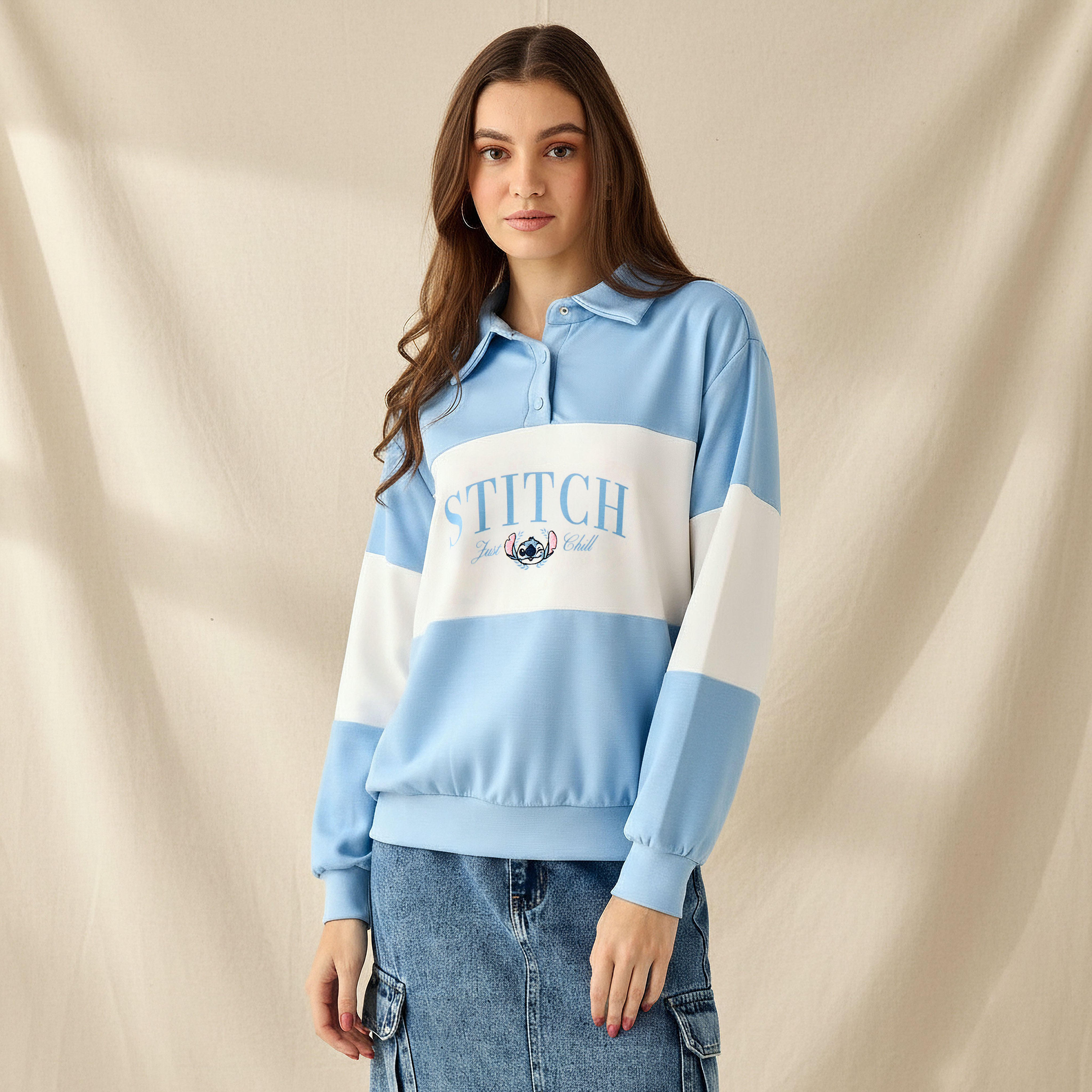 سويت شيرت ليلو وستيتش بقصة مريحة مع ياقة بولو-women-winterwear-hoodiesandsweatshirts-sweatshirts-image-1