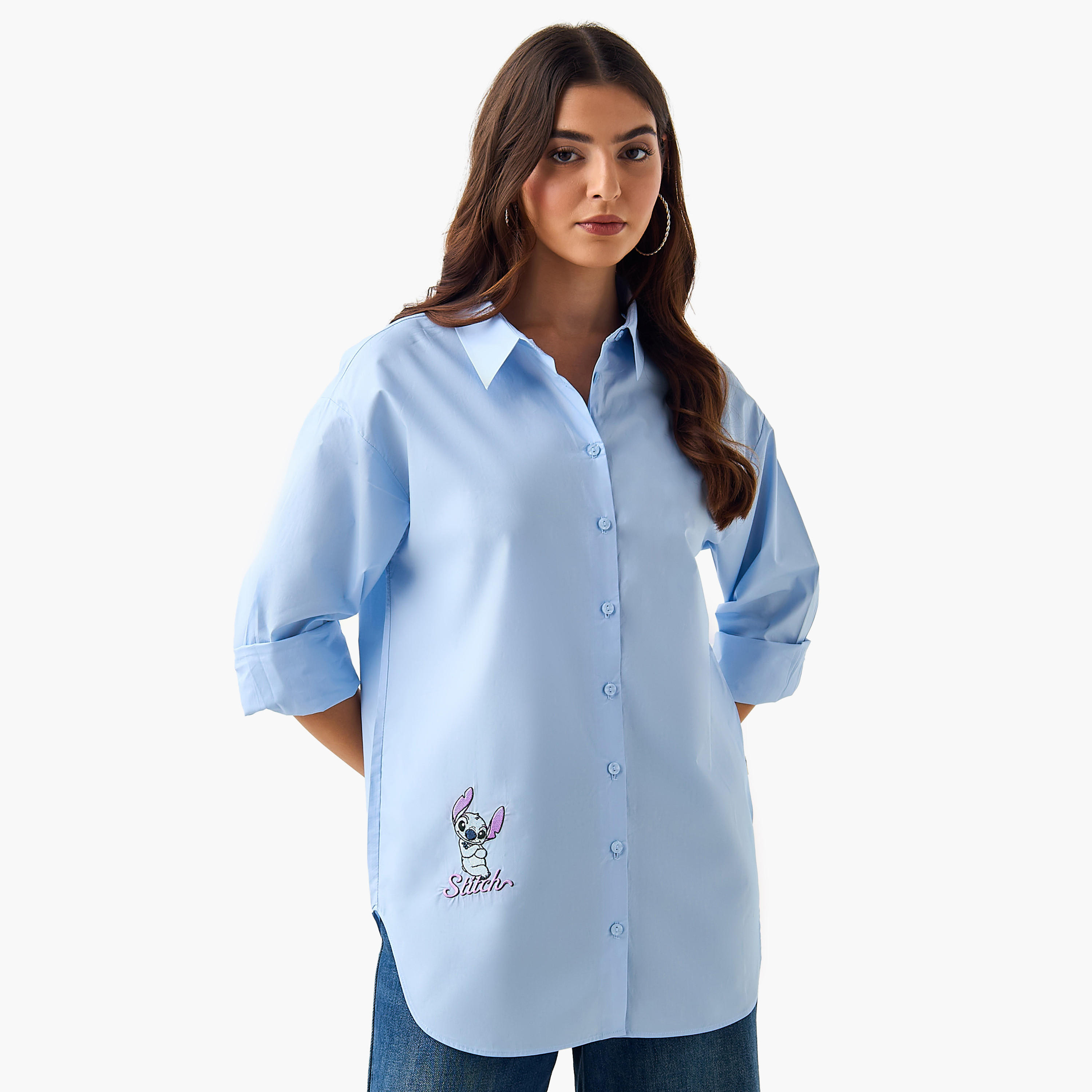 قميص قطني بطبعة ليلو وستيتش بحافة عالية ومنخفضة-women-clothing-shirtsandblouses-shirts-image-2