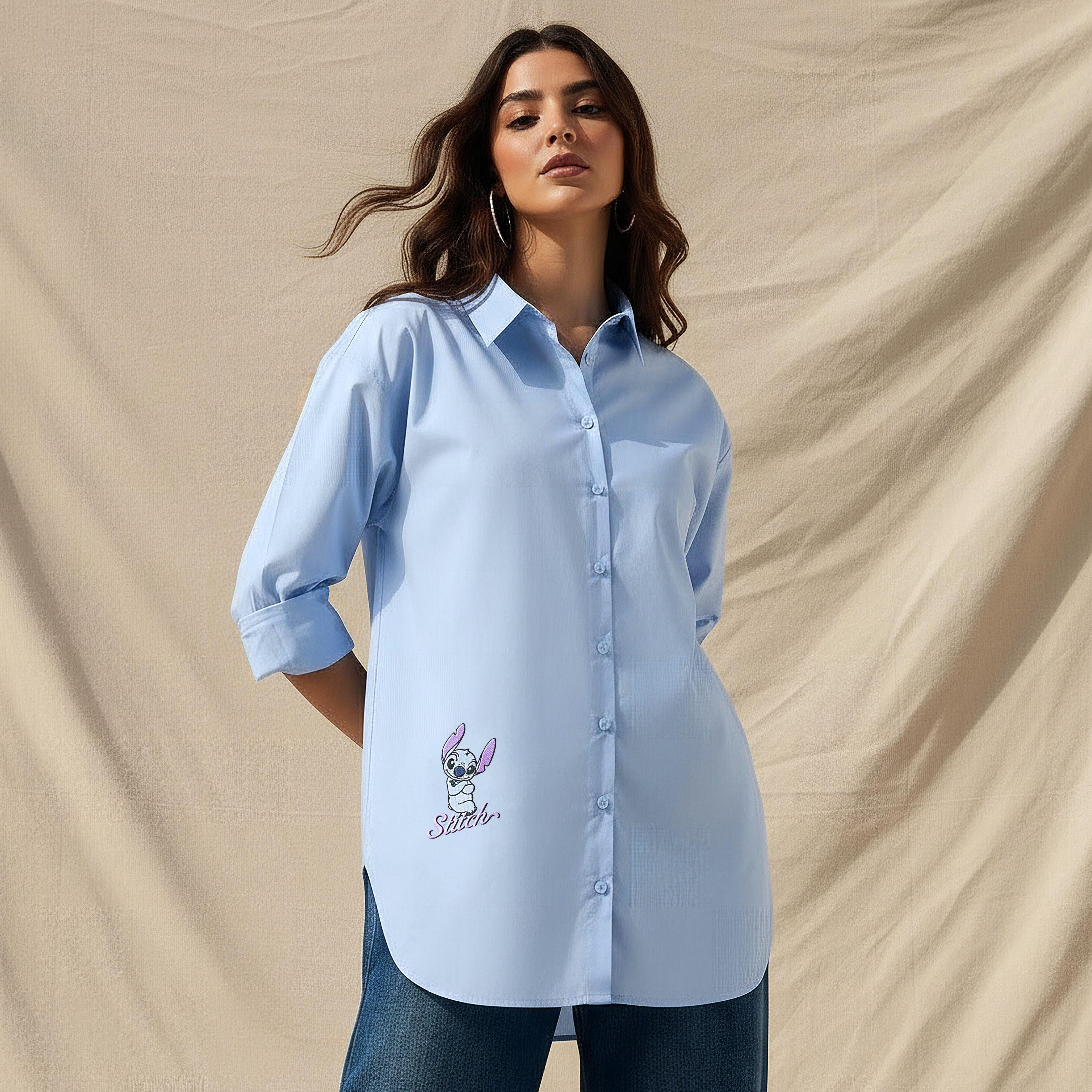 قميص قطني بطبعة ليلو وستيتش بحافة عالية ومنخفضة-women-clothing-shirtsandblouses-shirts-image-1