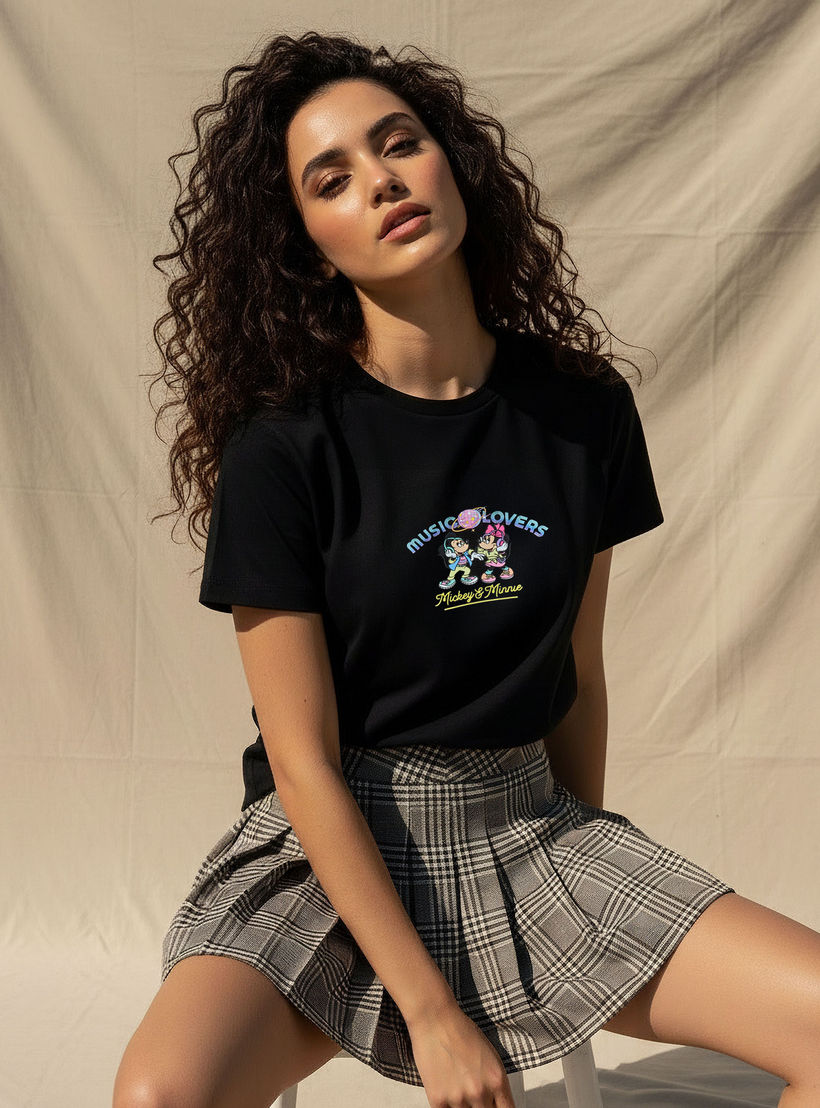 Cotton T-shirt with Mickey and Minnie Mouse Print-women-clothing-tshirts-image-5