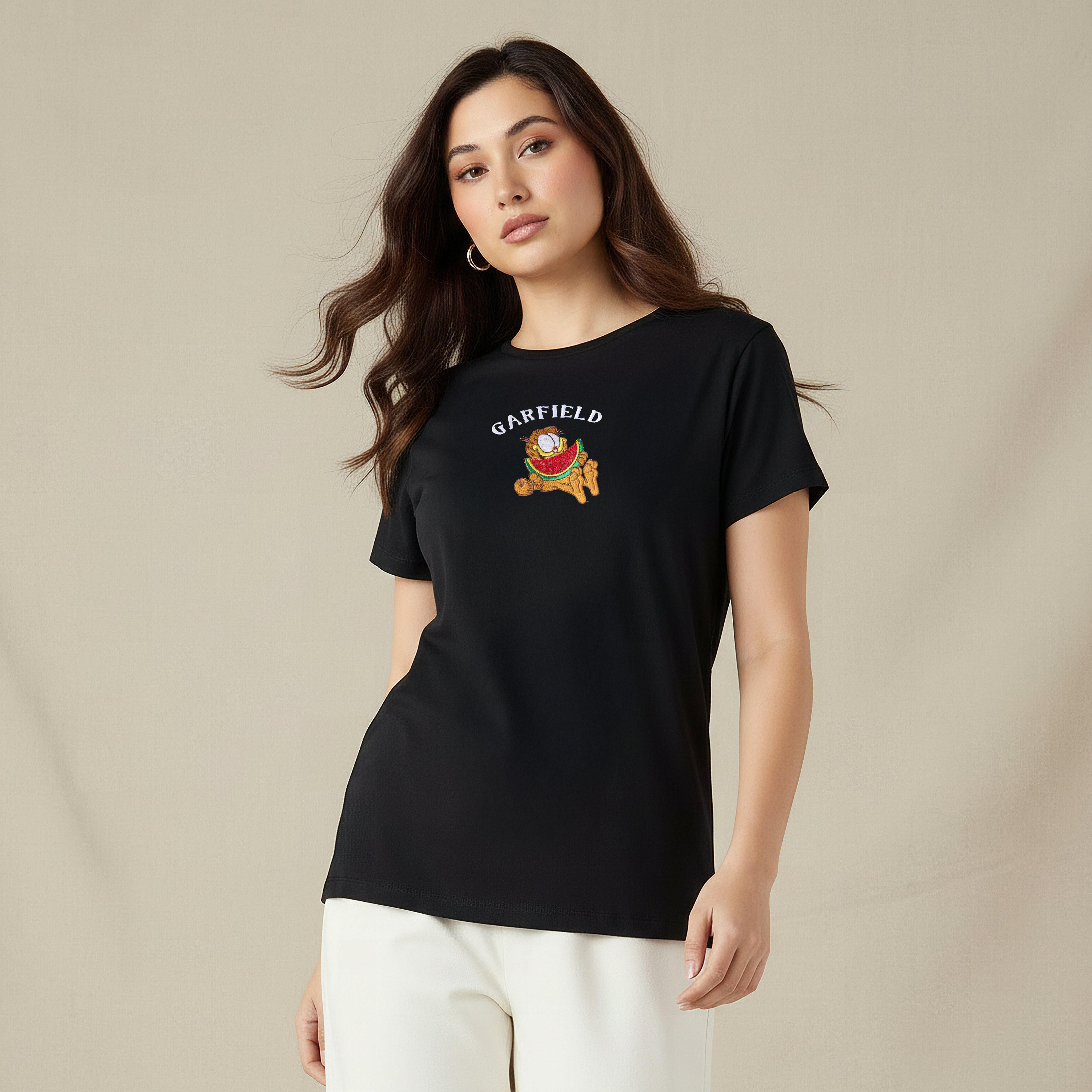 Cotton T-shirt with Garfield Embroidery-women-clothing-tshirts-image-1