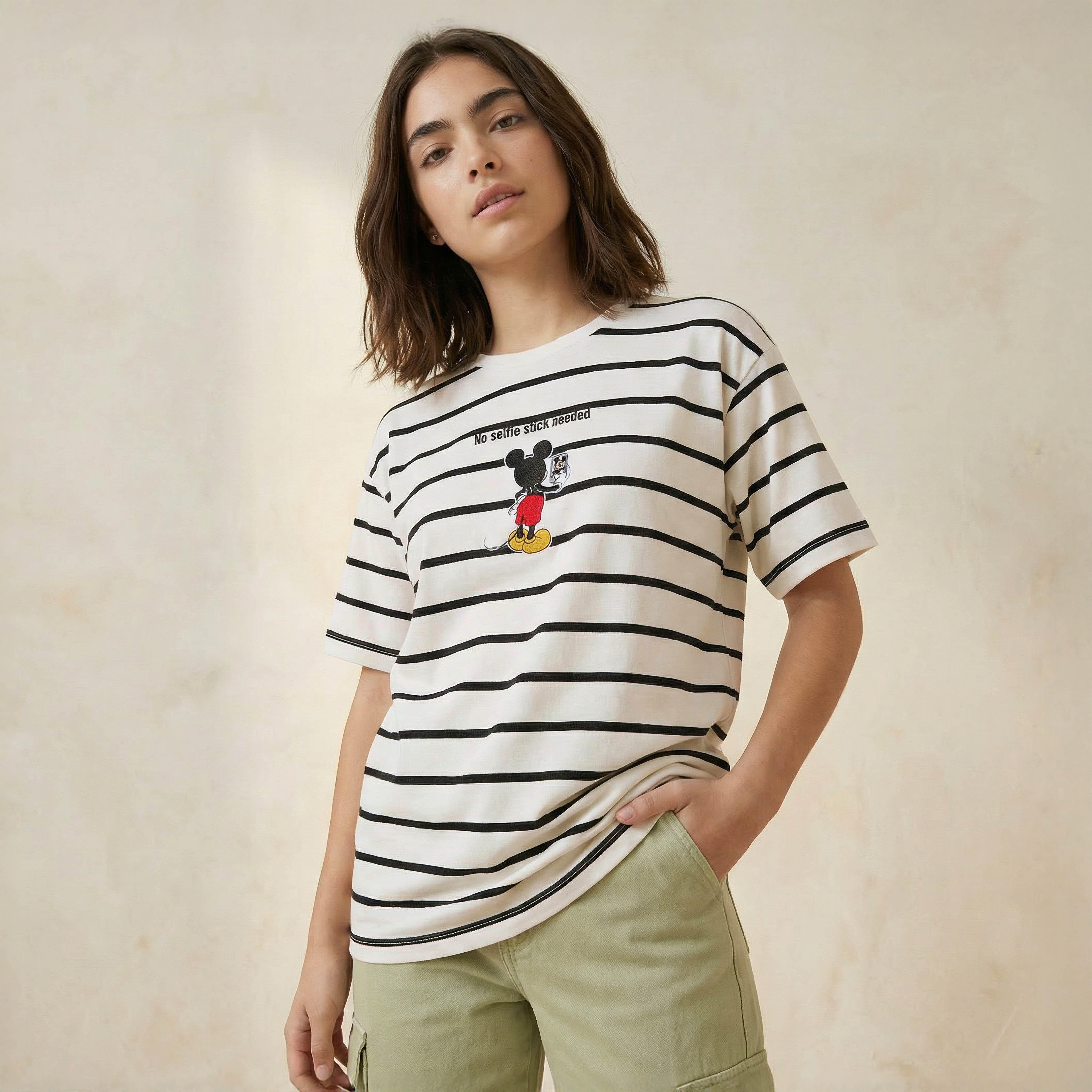 Loose Fit T-shirt with Mickey Mouse Embroidery-women-clothing-tshirts-image-1