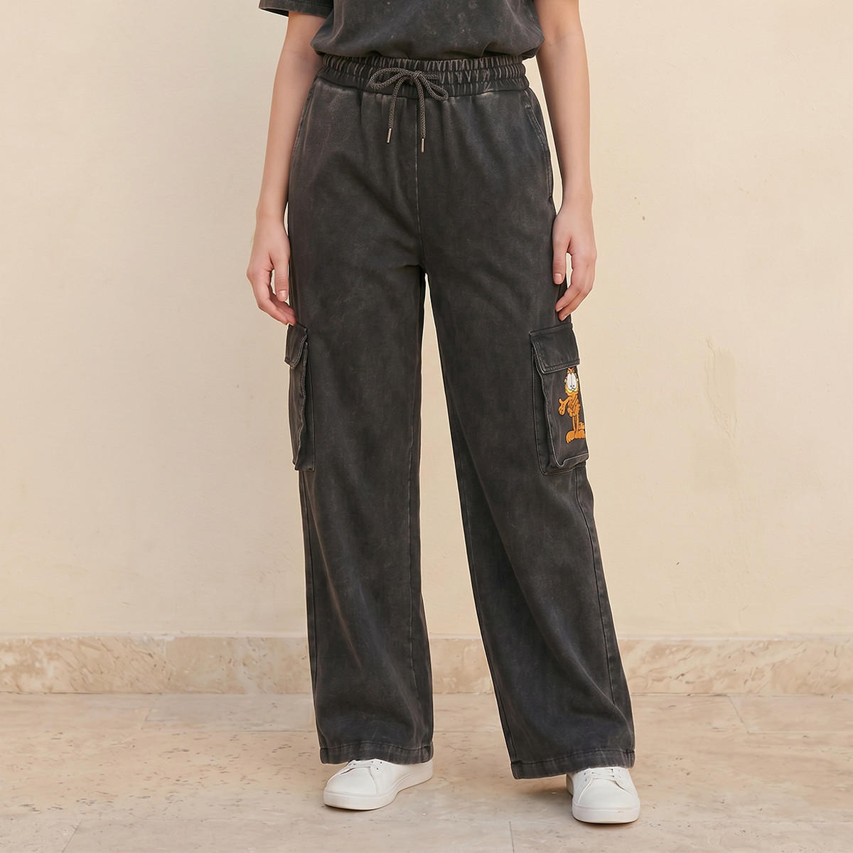 Garfield Regular Fit Cotton Cargo Pants Acid Wash-women-clothing-trousers-image-1