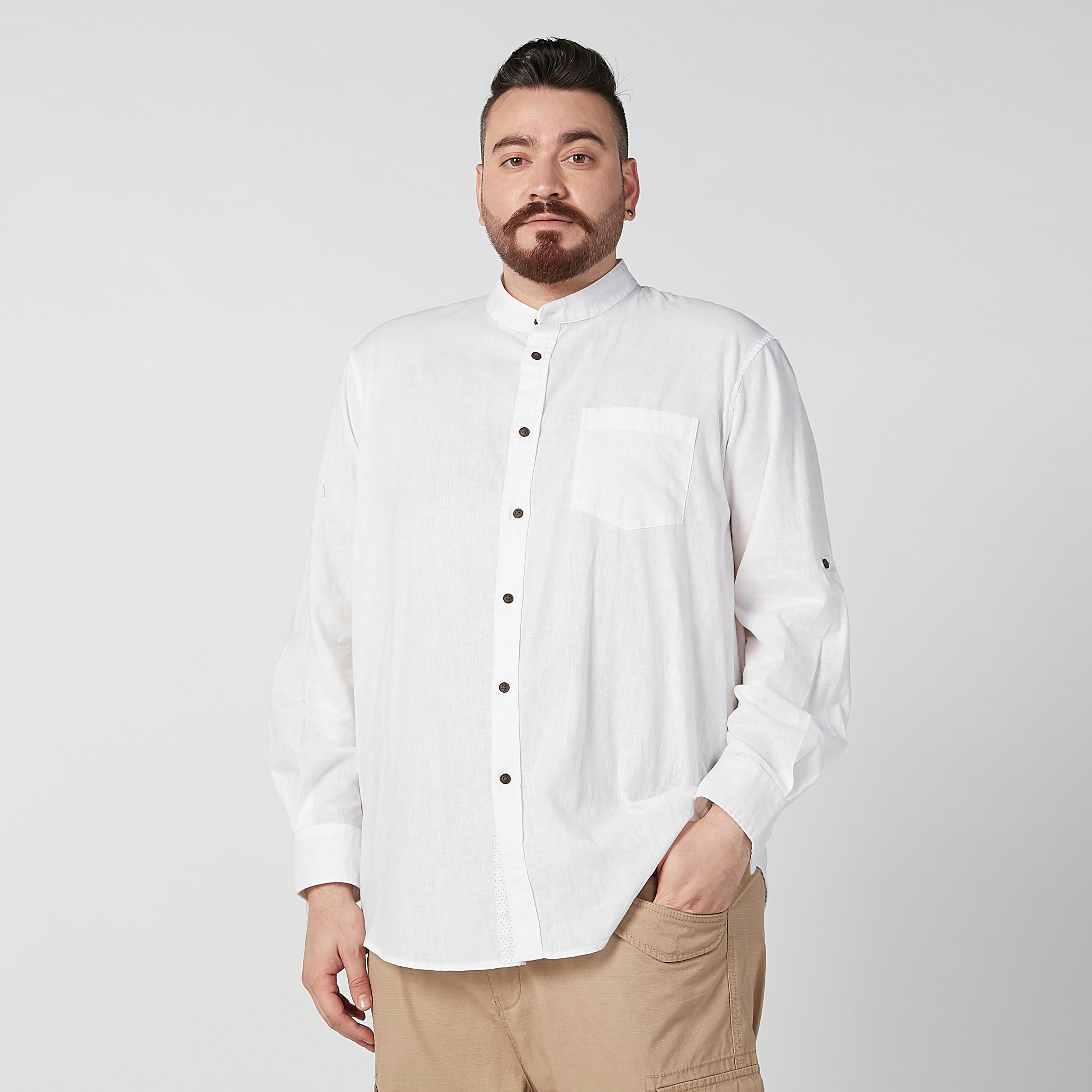 قميص سادة بياقة ماندارين وأكمام طويلة-men-clothing-shirts-image-2