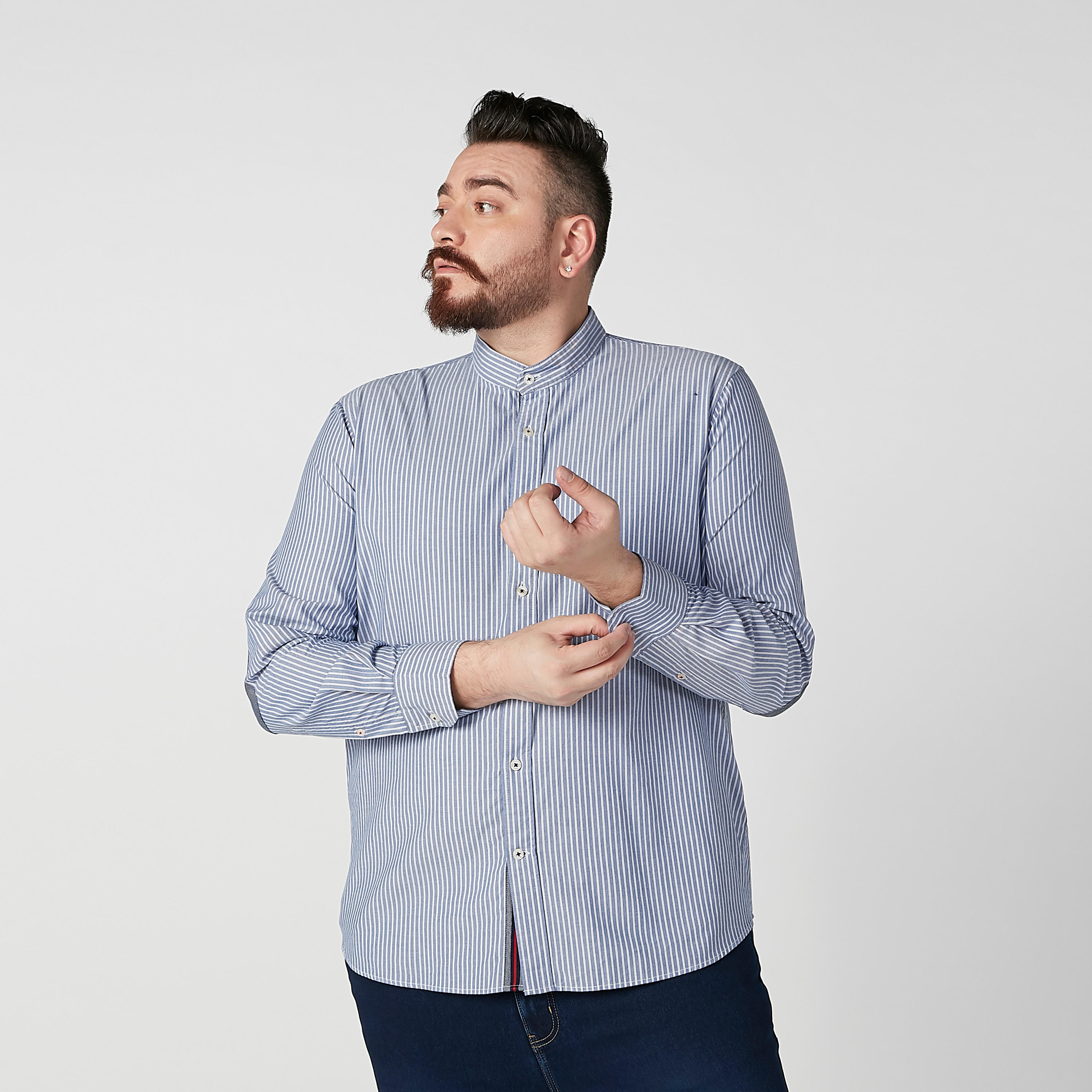 Striped Shirt with Mandarin Collar and Long Sleeves-men-clothing-shirts-image-1